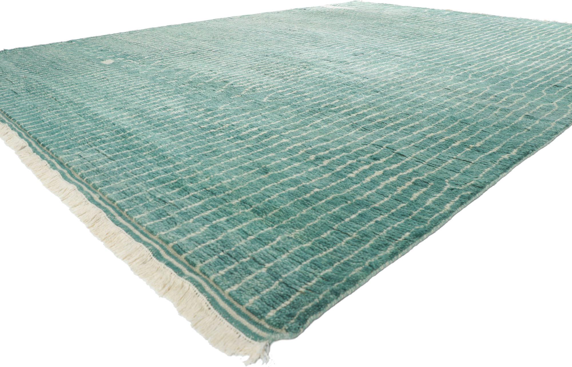 30773 New Contemporary Moroccan Style Rug 10'02 x 13'07. Channeling a coastal cottage with colors reminiscence of sea glass and weathered wood, this hand-knotted wool contemporary Moroccan style rug is a captivating vision of woven beauty. The