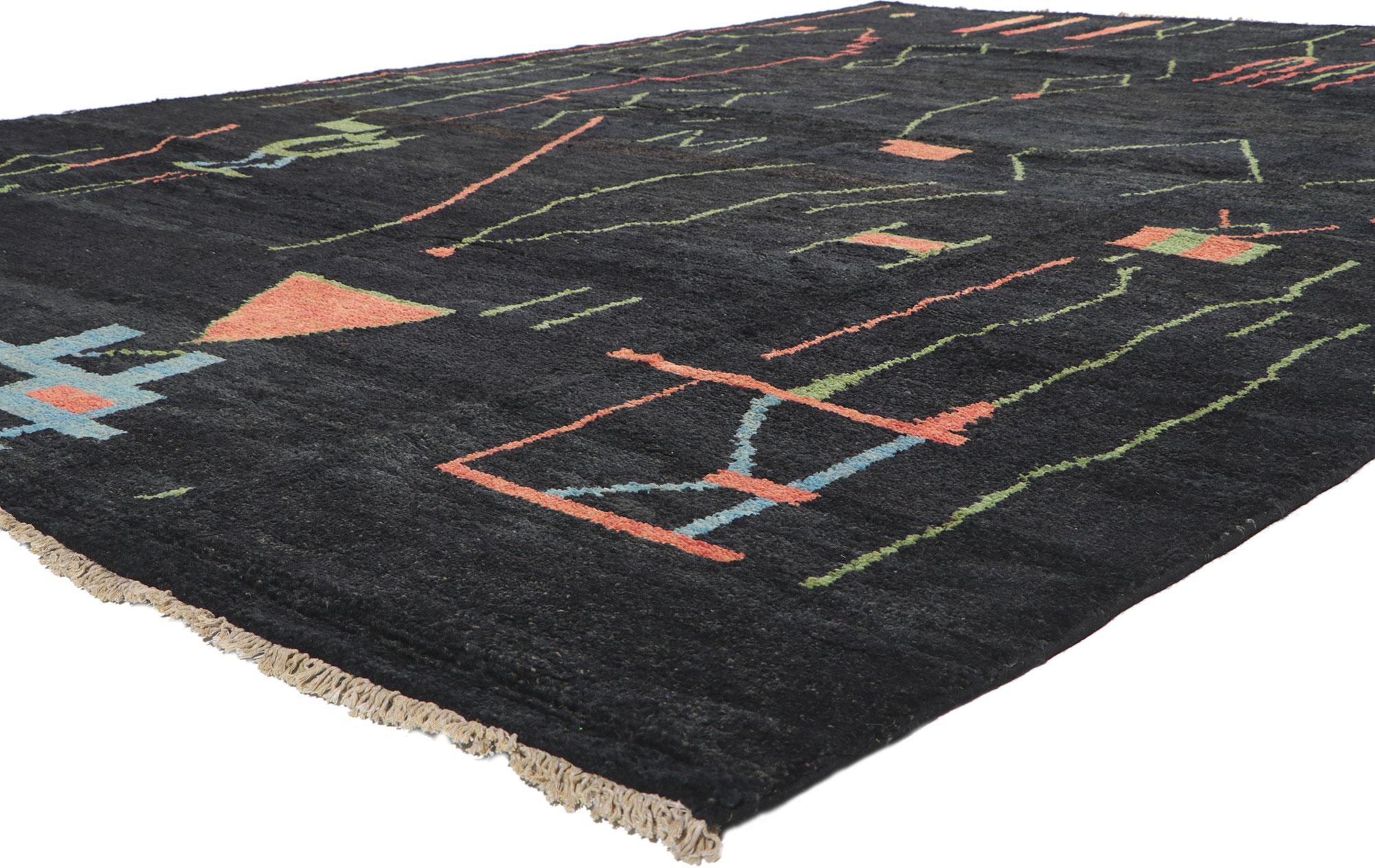 80706 New Contemporary Moroccan Rug with Tribal Style 09'06 x 12'11. Showcasing an expressive tribal design, incredible detail and texture, this hand knotted wool contemporary Moroccan area rug is a captivating vision of woven beauty. The bold
