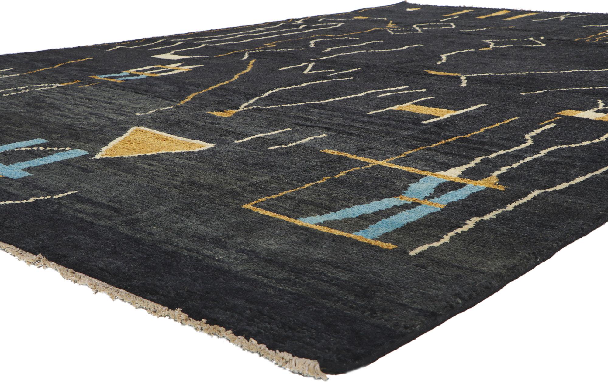 80705 New Contemporary Moroccan rug with Tribal Style 09'06 x 13'02. Showcasing an expressive tribal design, incredible detail and texture, this hand knotted wool contemporary Moroccan area rug is a captivating vision of woven beauty. The bold