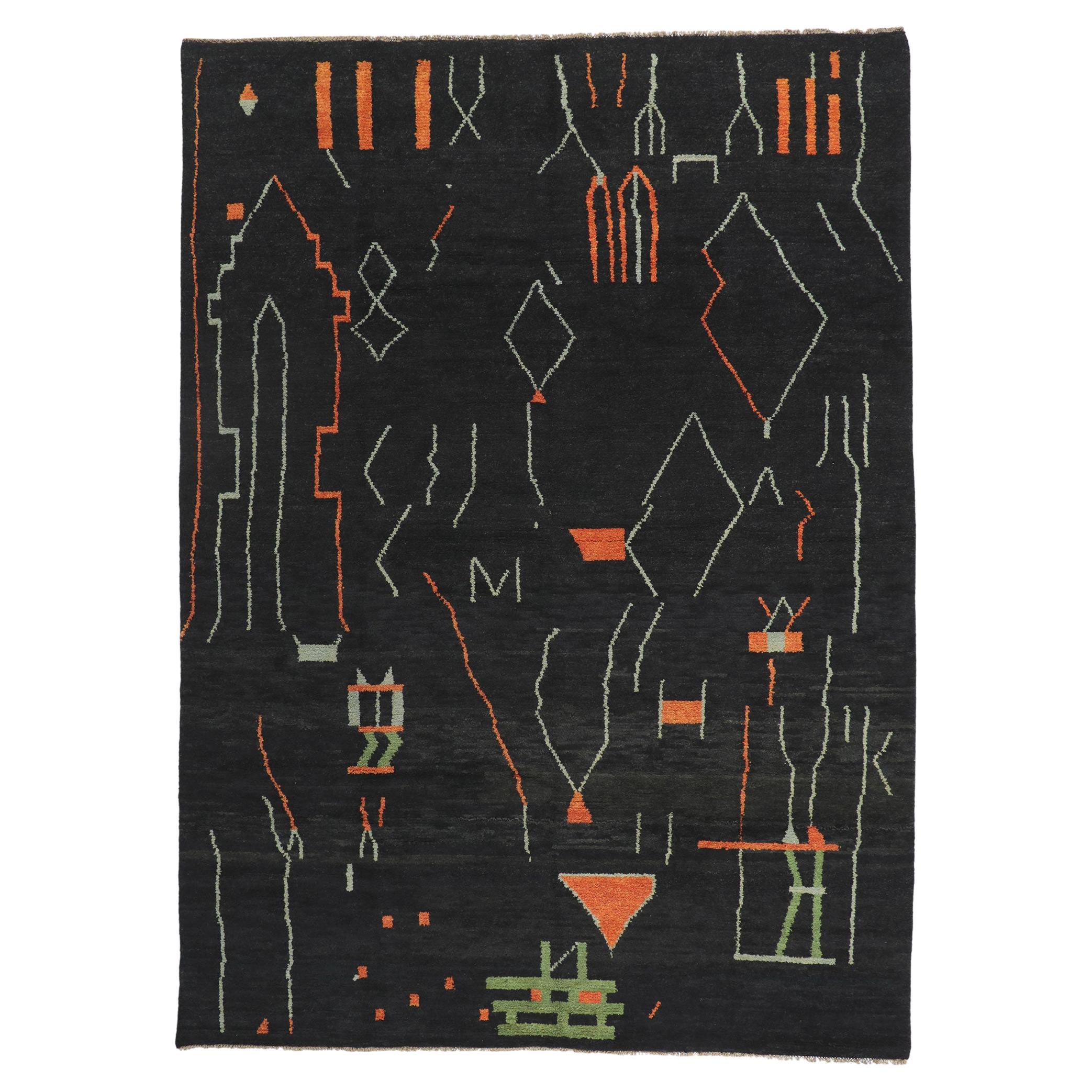 Modern Black Moroccan Area Rug, Contemporary Elegance Meets Brutalist Style