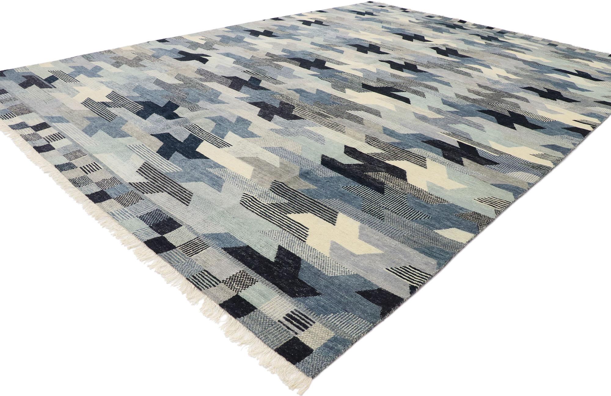30547 New Contemporary Moroccan style rug inspired by Barbro Nilsson. This hand knotted wool new contemporary Moroccan style rug features a rectilinear pattern composed of interlocking geometric shapes in alternating blue, gray, and beige hues. With