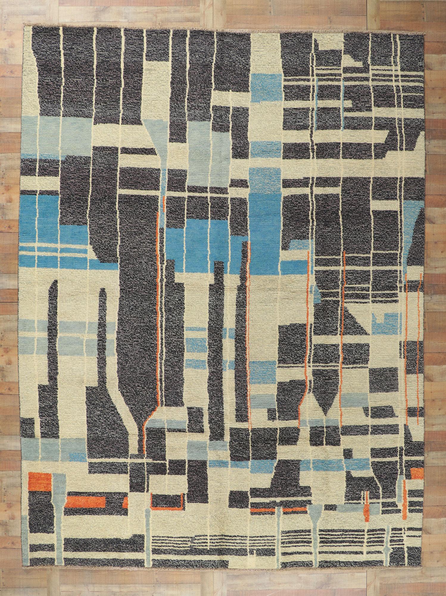 80697 Modern Moroccan Color Block Rug Inspired by Gunta Stolzl, 10'05 x 13'10. Presenting a resplendent testament to artistic audacity and daring creativity, this hand-knotted wool modern Moroccan area rug evokes the spirit of Cubism with its