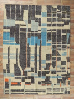 Moderner marokkanischer Teppich, inspiriert von Gunta Stolzl, Stammeskunst auf Kubismus trifft