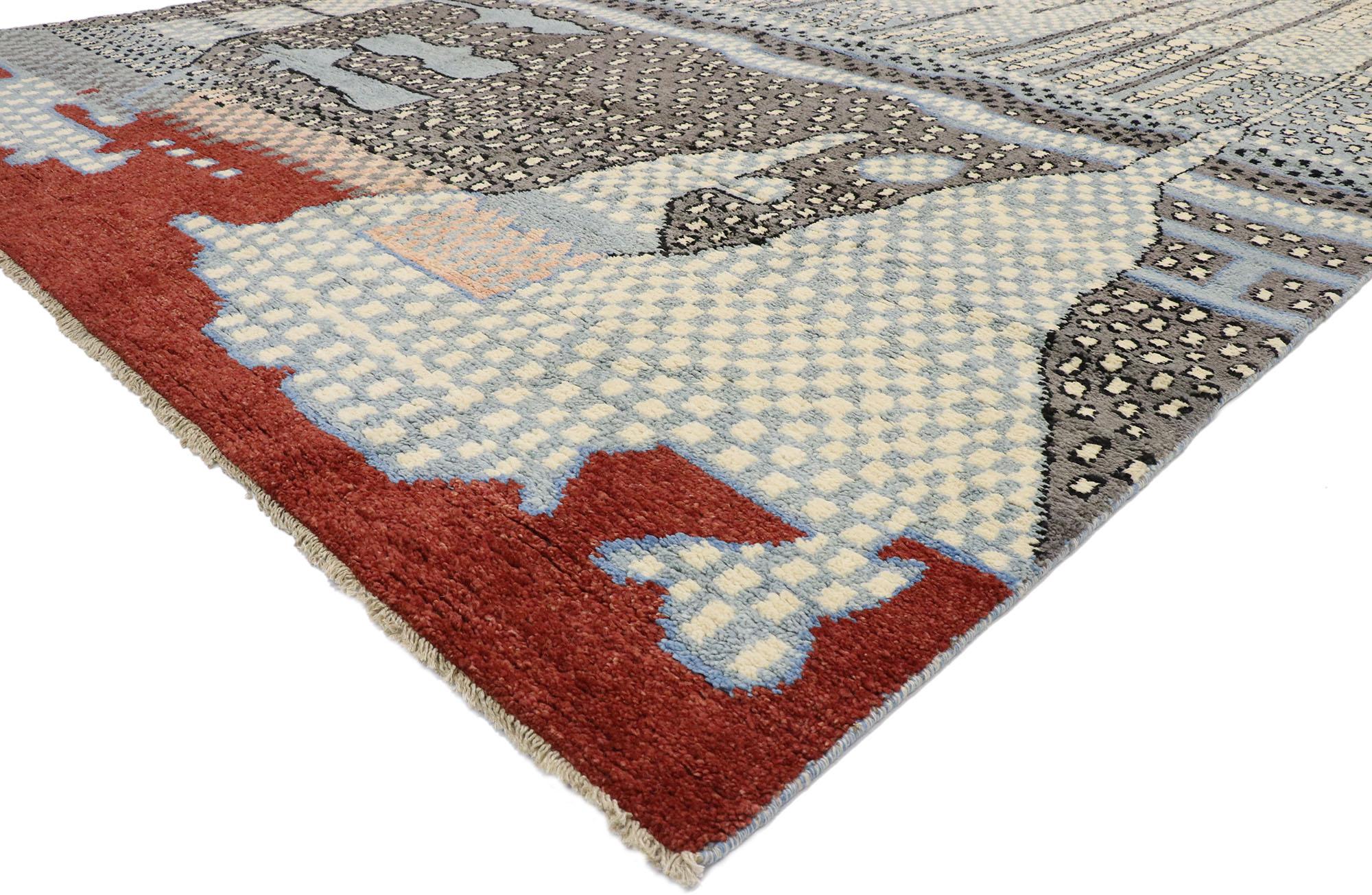 80644, new contemporary Moroccan style rug inspired by Gunta Stolzl and Jasper Johns. Showcasing a bold expressive design, incredible detail and texture, this hand knotted wool contemporary Moroccan style rug is a captivating vision of woven beauty.