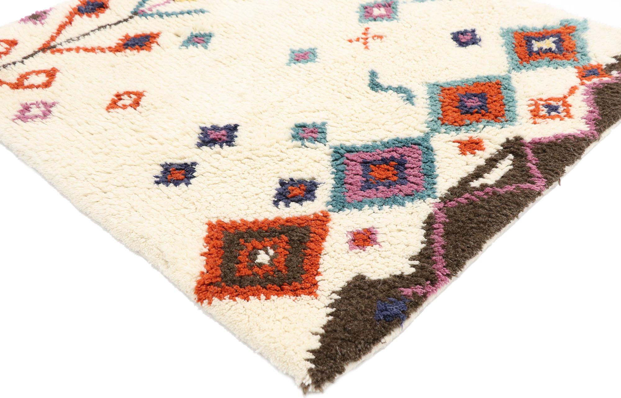 30646, new contemporary Moroccan style rug with boho chic hygge vibes. Full of tiny details and a bold expressive design combined with vibrant colors and tribal vibes, this hand-knotted wool Moroccan style rug is a captivating vision of woven