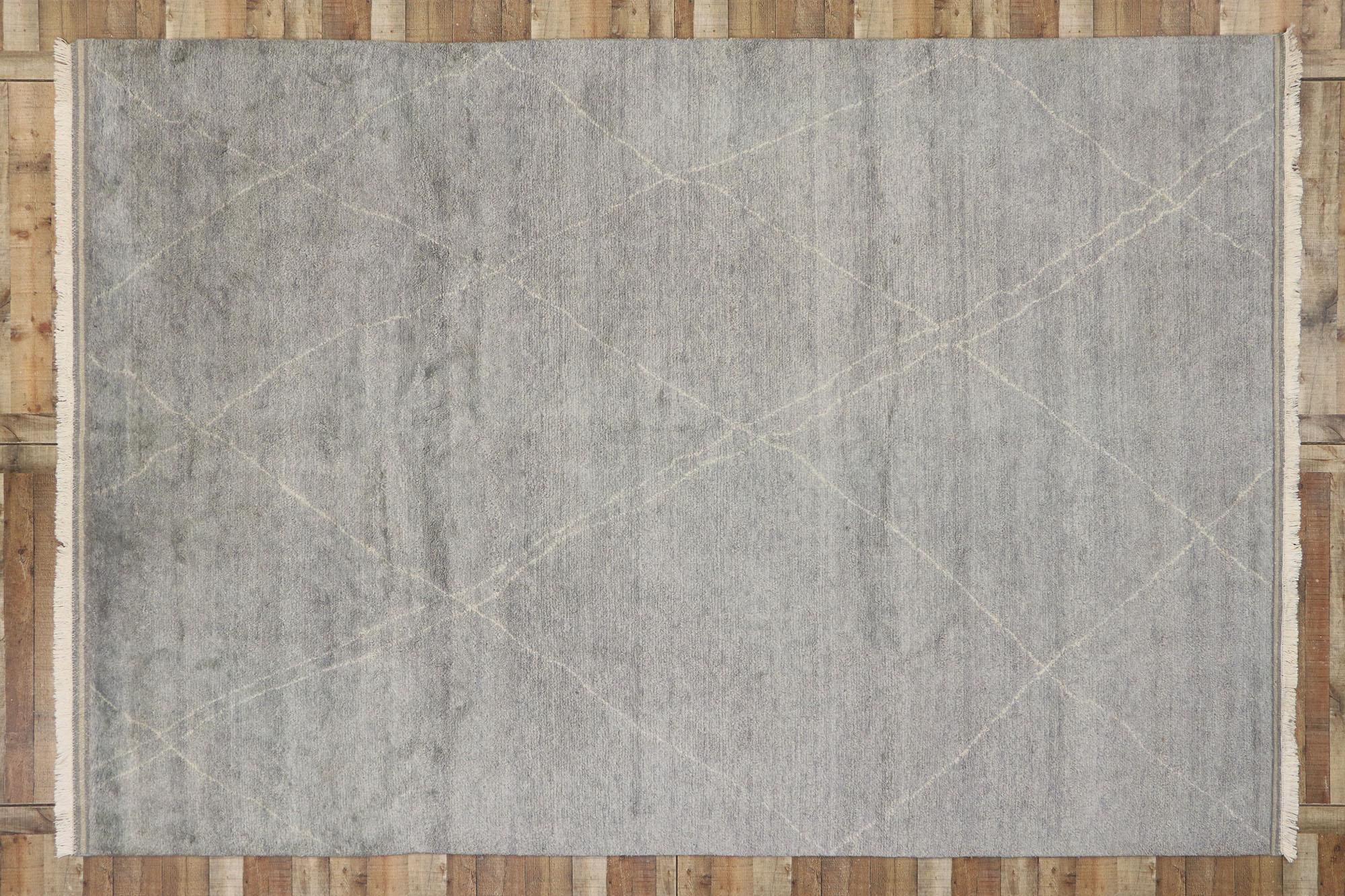 30535, new contemporary Moroccan style rug with Danish design. Luminous gray hues and rich waves of abrash create an endless fascinating effect in this hand knotted wool contemporary Moroccan style area rug. Delicate beige lines crisscross in an
