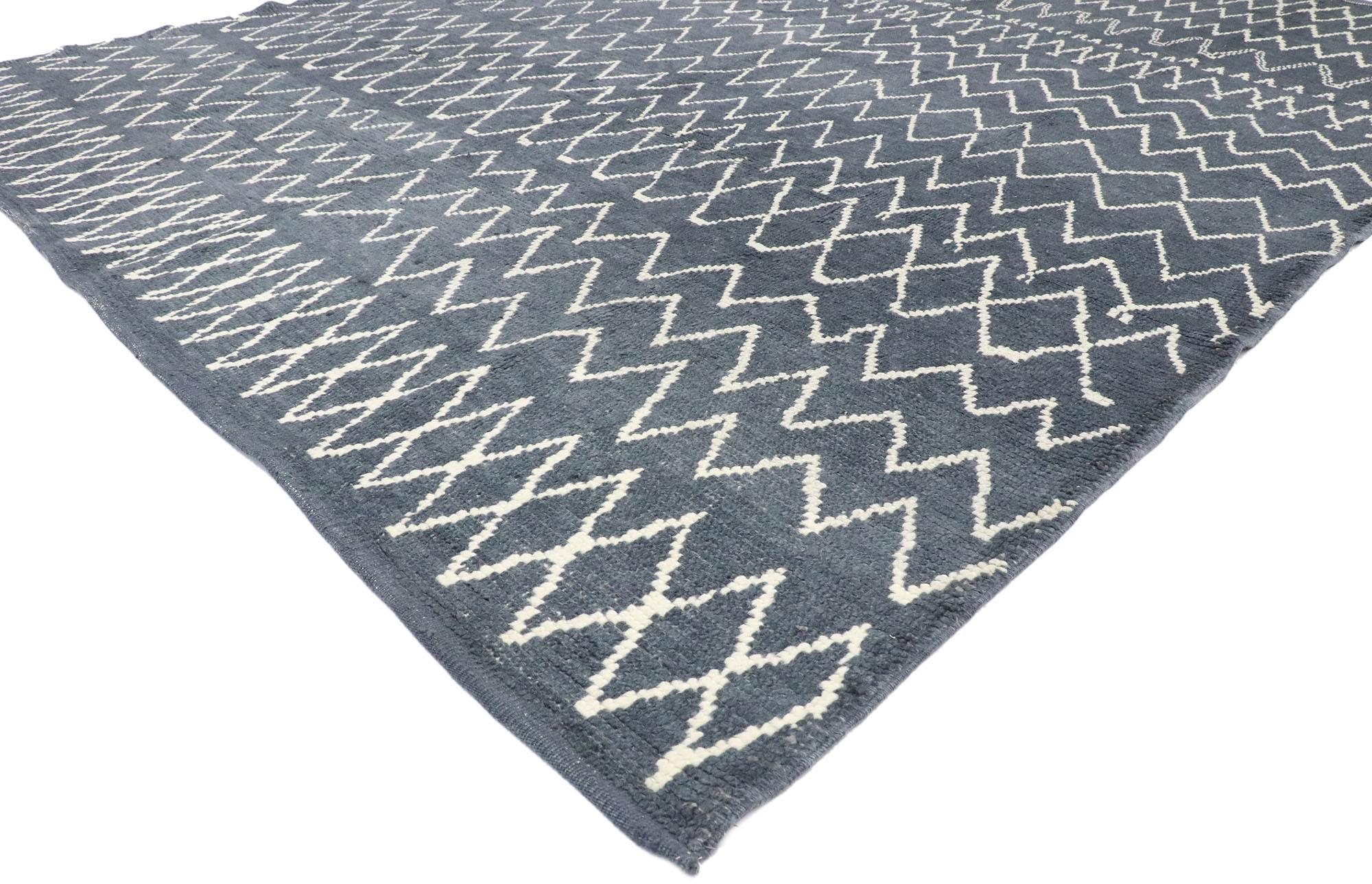 53447, new contemporary Moroccan style rug with diamond pattern and chevron design. Softer yet no less striking, this hand knotted wool contemporary Moroccan rug embodies cozy boho chic tribal style with hygge vibes. The Moroccan style rug features