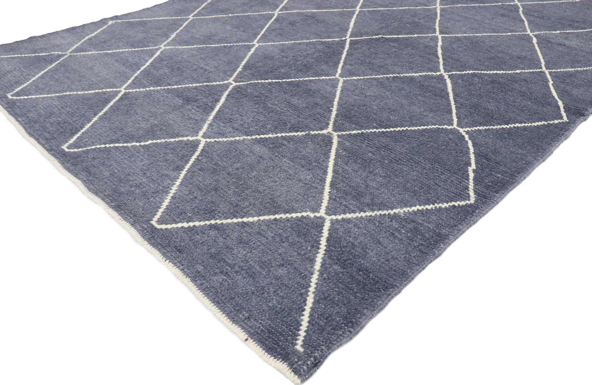 53451 New Contemporary Moroccan style rug with Diamond Trellis 05'03 x 07'06. Simplicity meets incredible detail and texture in this hand knotted wool contemporary Moroccan rug. The abrashed navy blue field is covered in a diamond trellis comprised