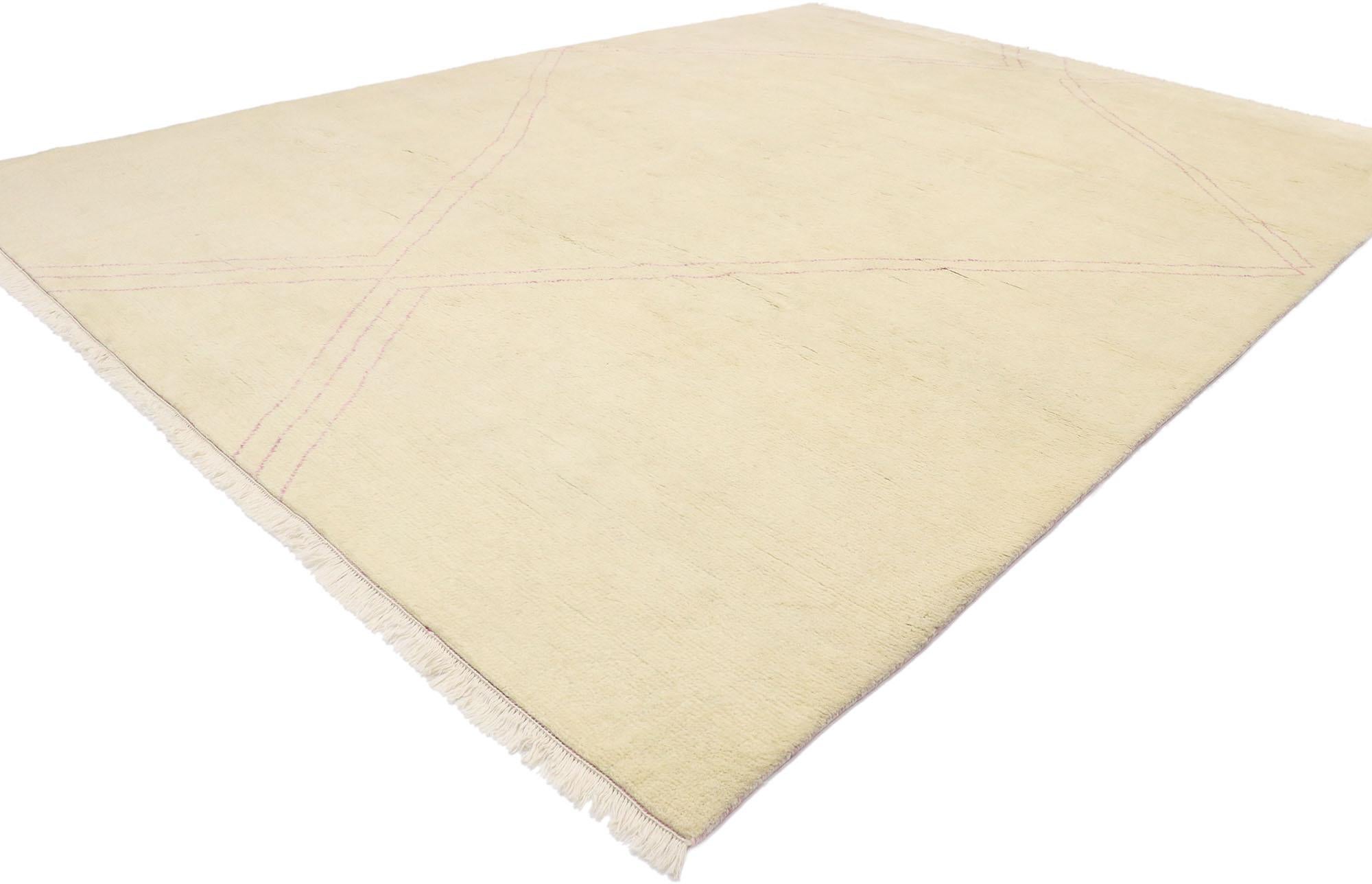 30527, new contemporary Moroccan style rug with minimalist bohemian style. This hand knotted wool contemporary Moroccan area rug features subtle pink lines running the length of the creamy beige backdrop. The whimsical lines criss cross in an