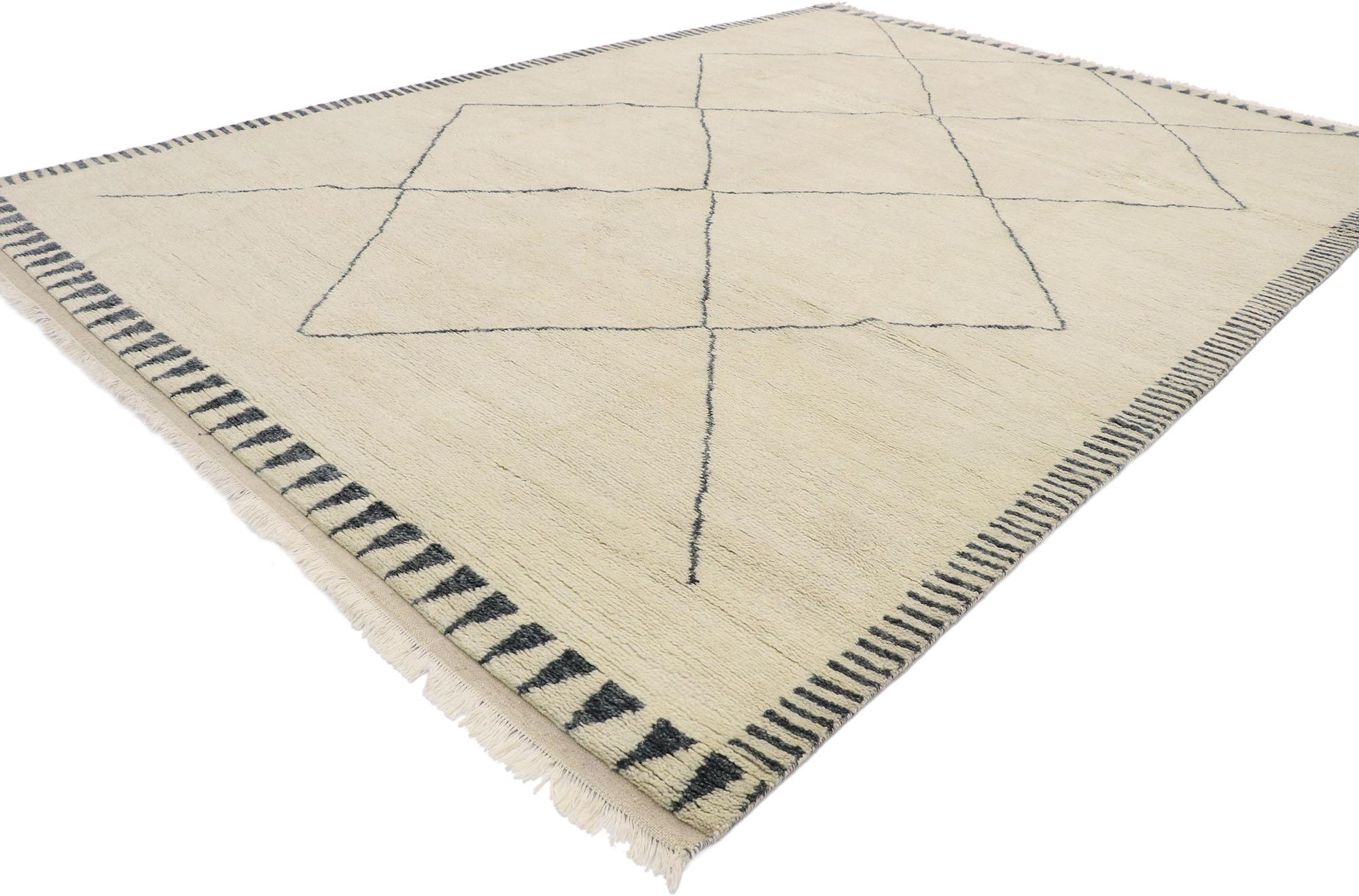 30532 New Contemporary Moroccan style rug with Minimalist midcentury design. This hand knotted wool contemporary Moroccan area rug features contrasting charcoal-blackish lines running the length of the beige backdrop. The thin lines crisscross in an