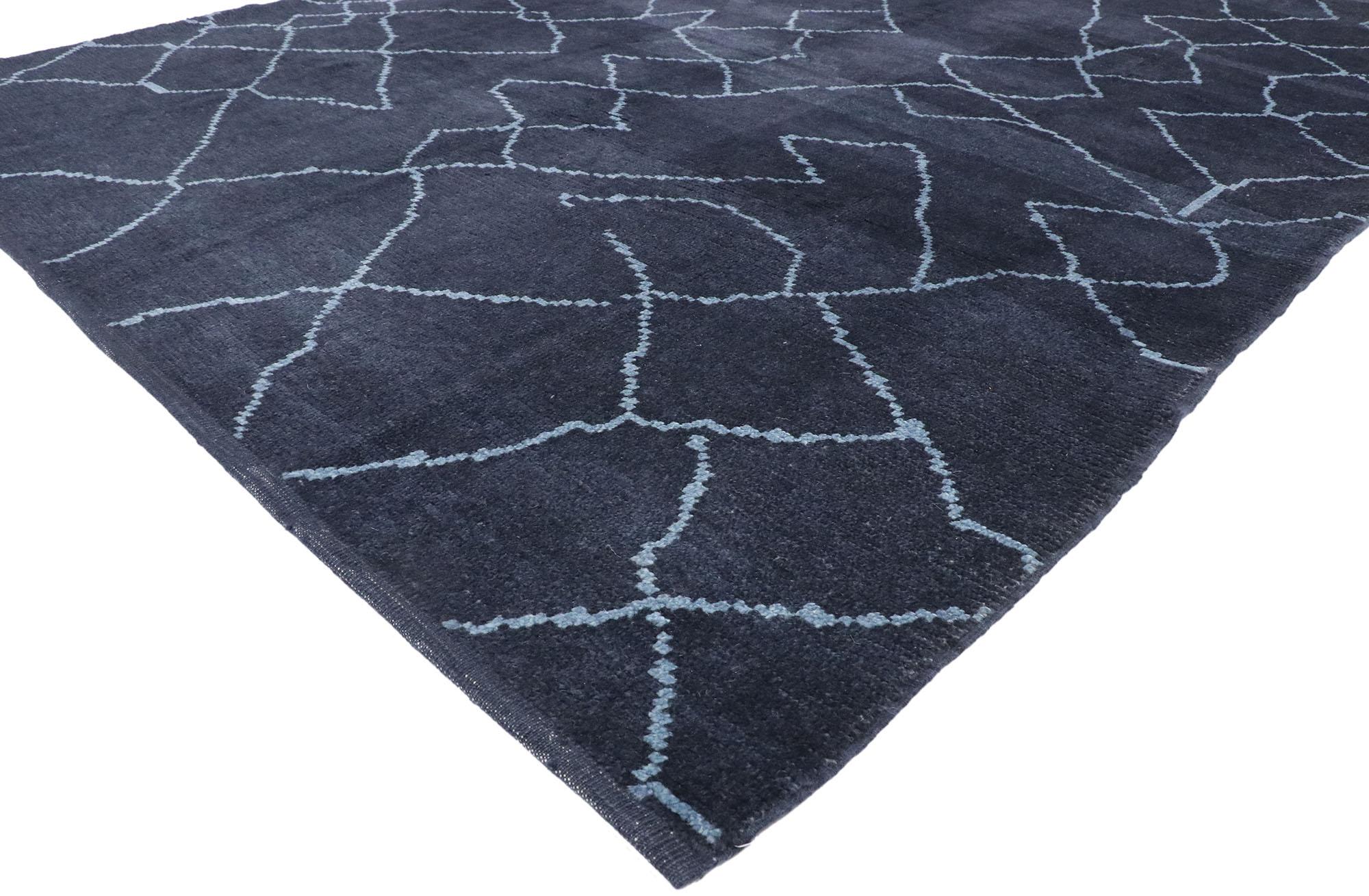 53450, new contemporary Moroccan style rug with modern asymmetrical diamond pattern. Dark sultry navy blue hues and rich waves of abrash create an endless fascinating effect in this hand knotted wool contemporary Moroccan style area rug. Delicate