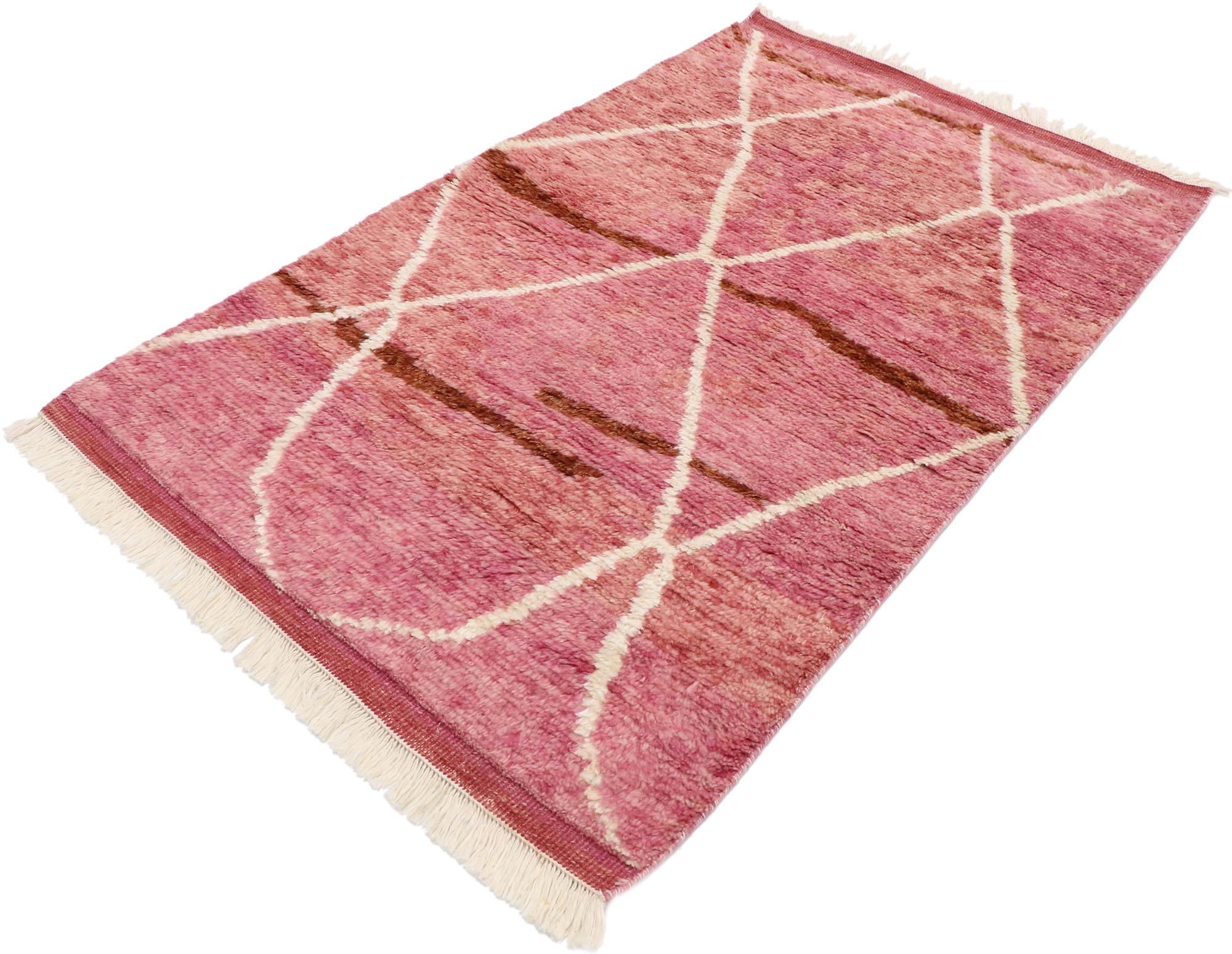 30597, new contemporary Moroccan style rug with Modern Bohemian style 03'02 x 05'03. This hand knotted wool new contemporary Moroccan style rug features an all-over diamond lattice pattern spread across an abrashed pink field. The lines of this