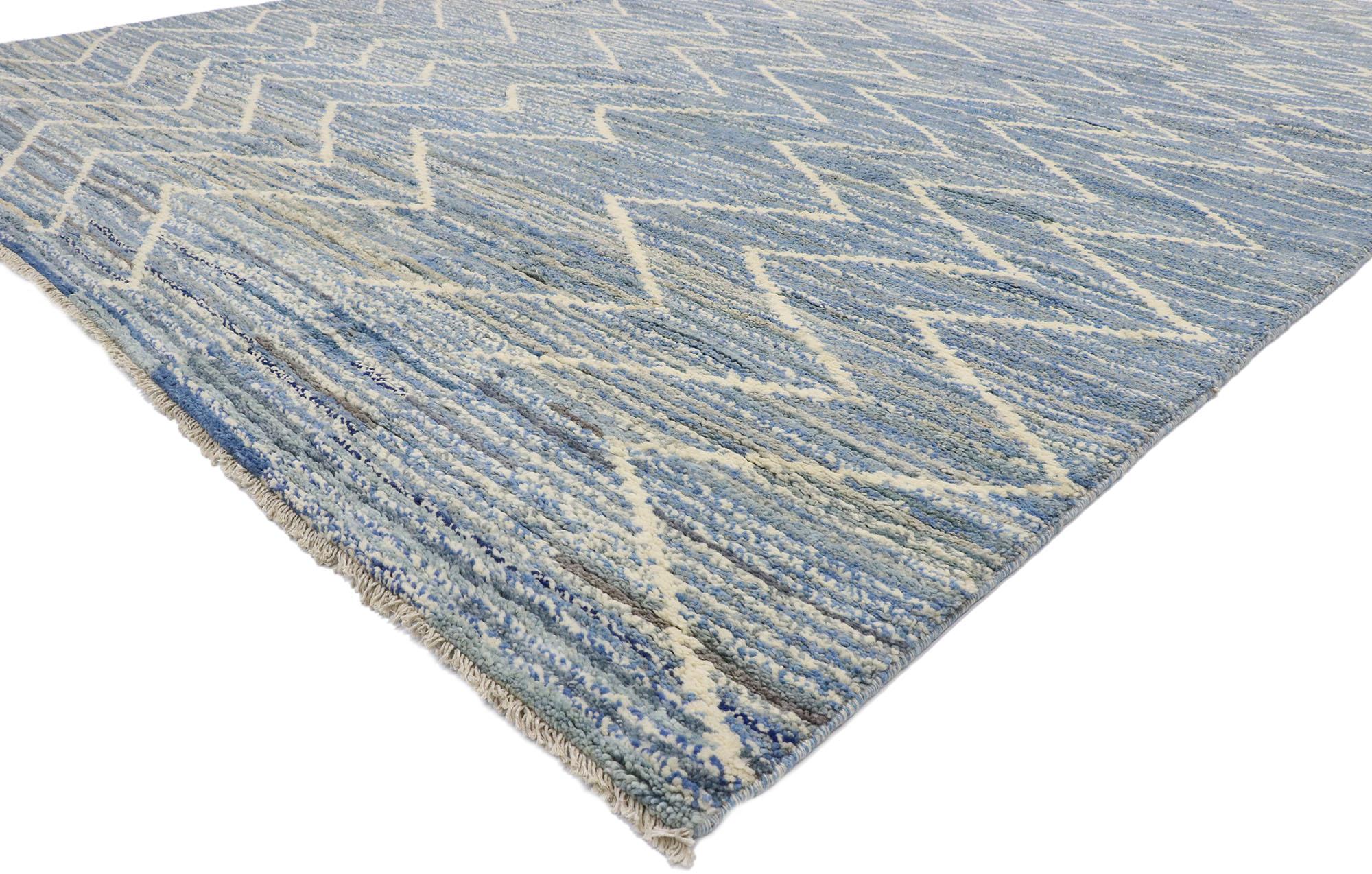 80642 Modern Blue Moroccan Rug, 10'03 x 13'09.  In this hand-knotted wool contemporary Moroccan style area rug, luminous blue hues intermingle with gracious gray tones, crafting an endlessly fascinating visual display. Throughout its expanse,