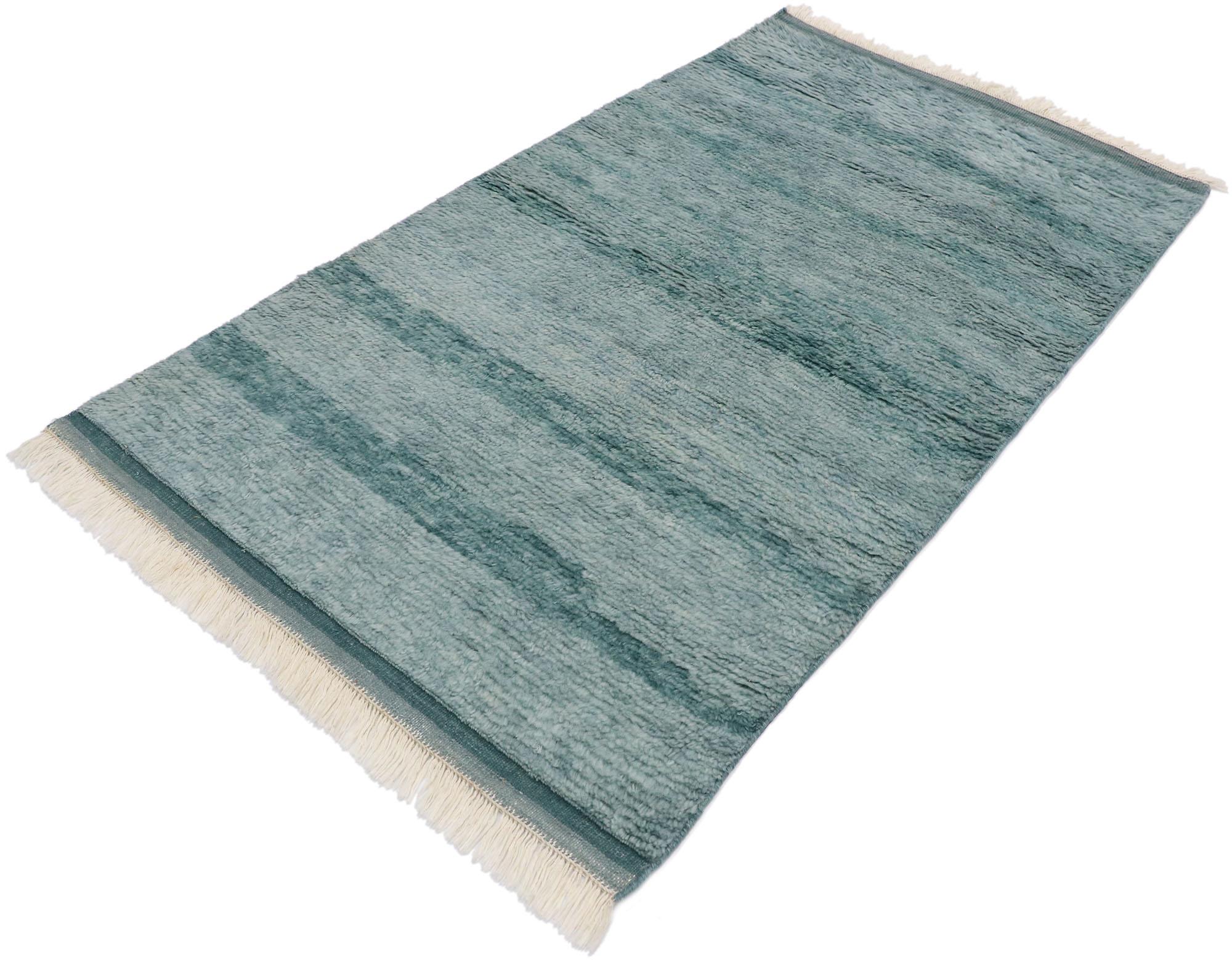 30607, New Contemporary Moroccan Style Rug with Modern Expressionist Design 02'11 x 05'02. This hand knotted wool contemporary Moroccan rug features a luminous aqua toned color palette and wonderfully soft pile. Waves of abrash and ombre movements