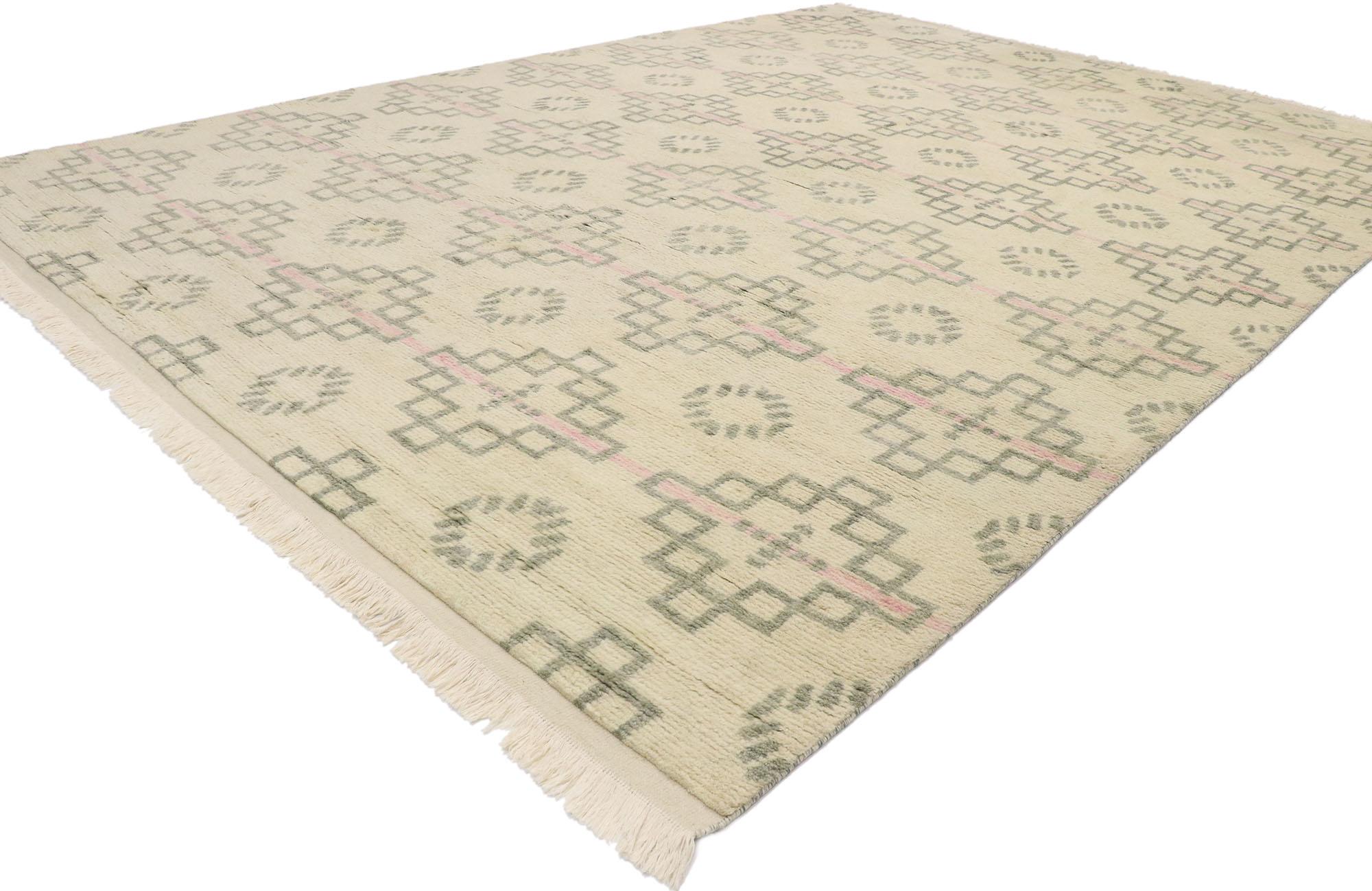 30548, new contemporary Moroccan style rug with Postmodern Cubist style. This hand knotted wool contemporary Moroccan style rug features an all-over pattern of offset rows of stepped diamond shaped medallions and rosettes spread across a vanilla