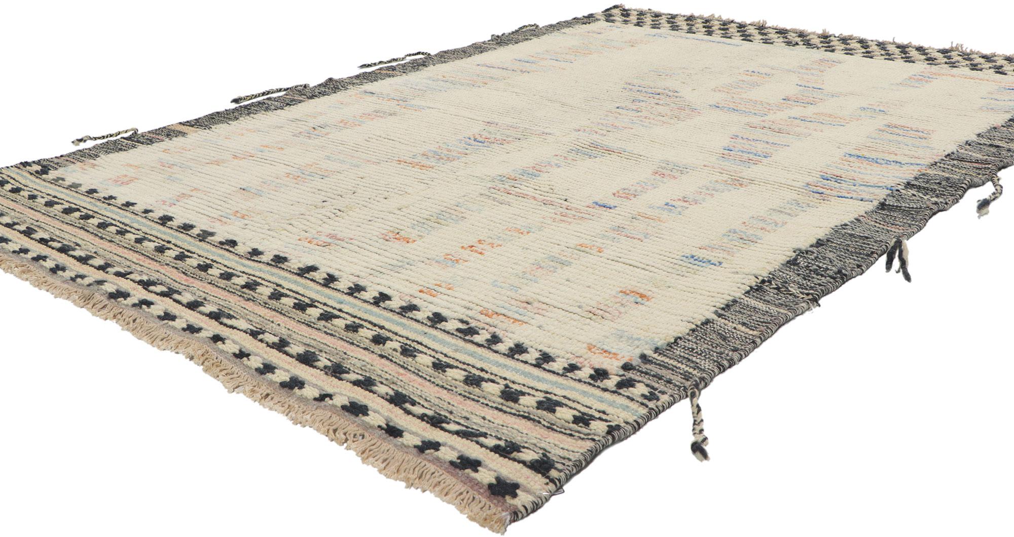80715 New Contemporary Moroccan style rug with short pile 04'05 x 06'05. Showcasing an expressive design, incredible detail and texture, this hand knotted wool Moroccan style rug is a captivating vision of woven beauty. The eye-catching geometric