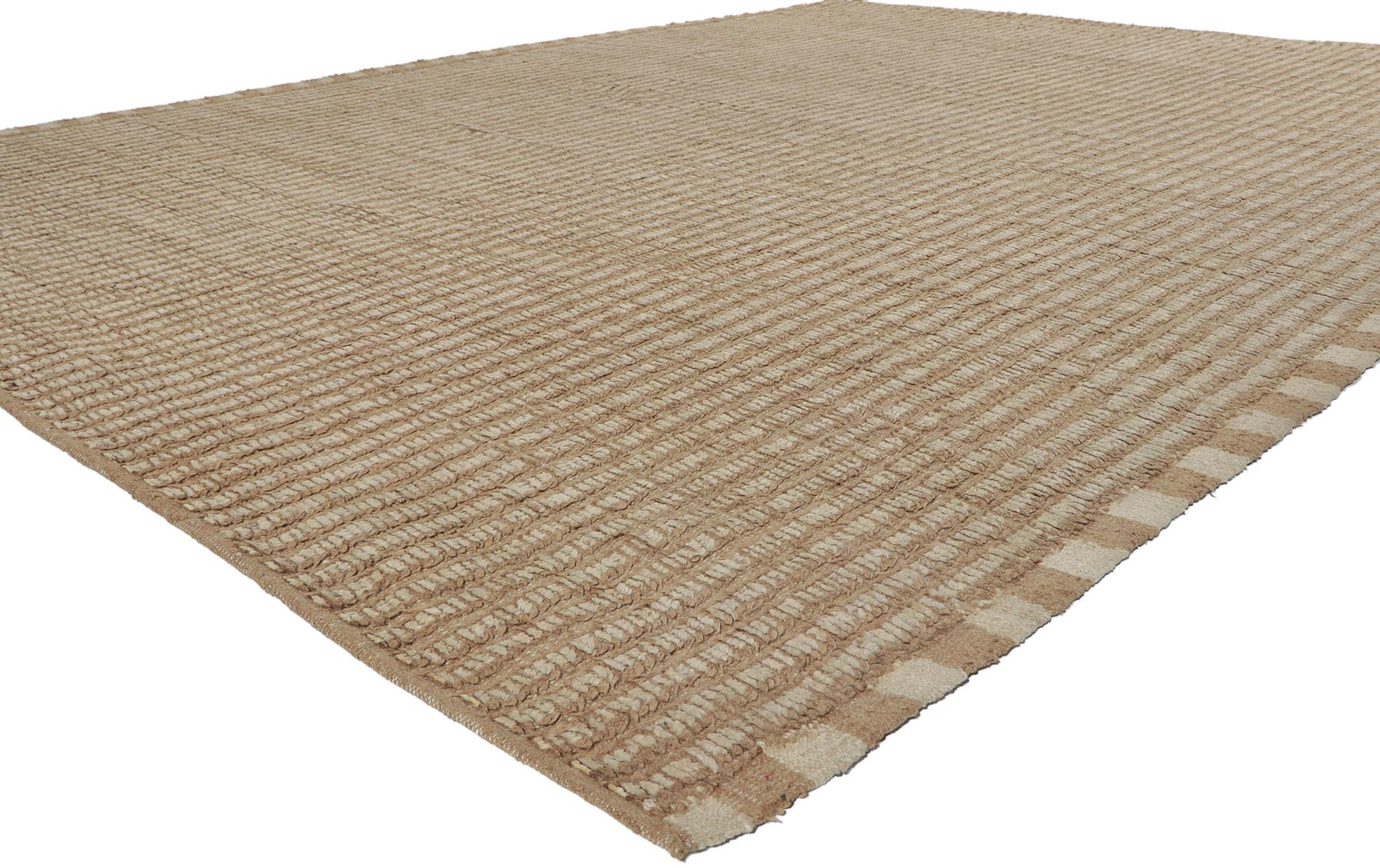 80805 New Contemporary Moroccan Style Rug with Short Pile, 09'00 x 12'00. With its simplicity, incredible detail and texture, this hand knotted wool contemporary Moroccan rug is a captivating vision of woven beauty. The subtle stripe pattern and