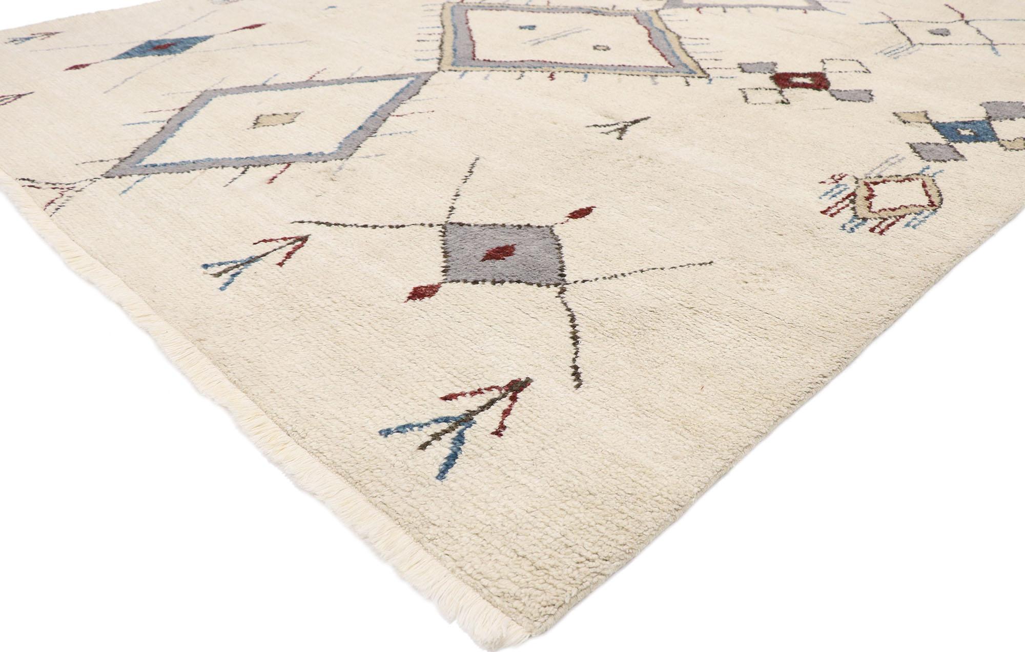 30320, New Contemporary Moroccan Style Rug 07'10 x 09'08. Warm and inviting, this hand-knotted wool contemporary Moroccan style area rug is perfect for a ski chalet with bohemian vibes. Diamonds, stacked lozenges, twig-like motifs, and geometric