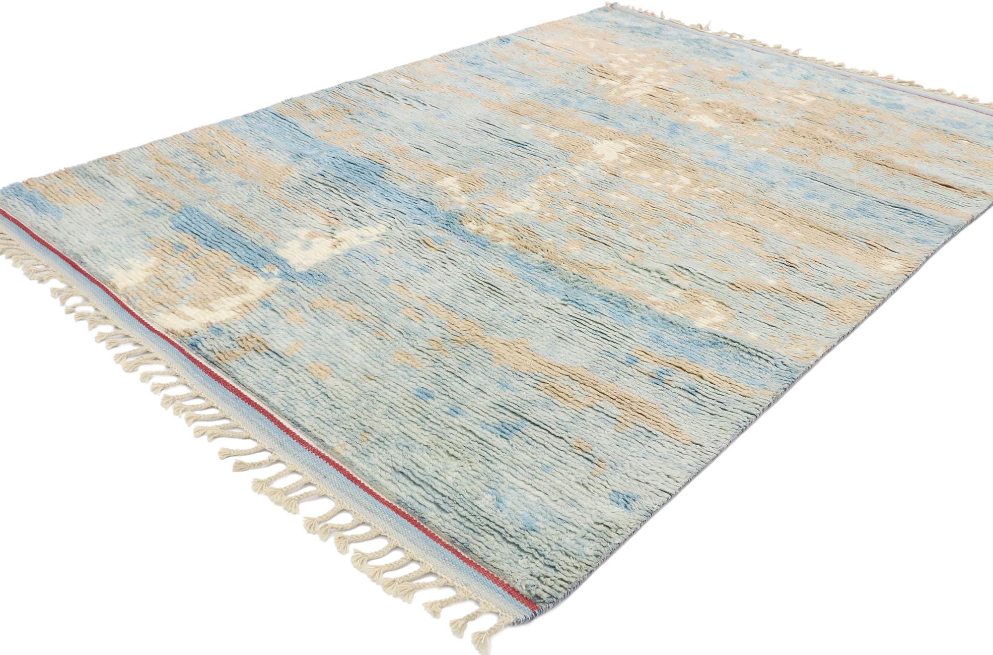 30573, New Contemporary Moroccan Area Rug 05'08 x 08'00. Coast into contemporary beach style and cozy contentment with this hand knotted wool contemporary Moroccan area rug. Showcasing an expressive yet subtle design, incredible detail and texture,