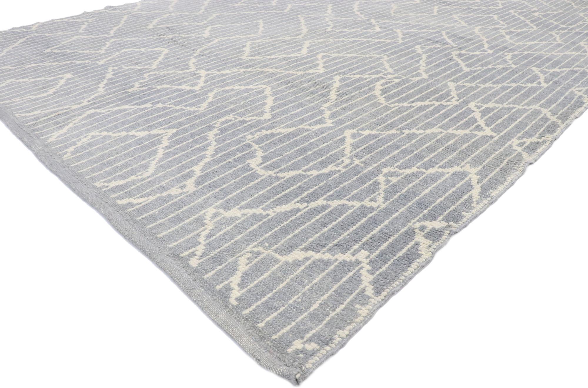 53442, new contemporary Moroccan style rug with tribal design. Luminous bluish-grey hues and rich waves of abrash create an endless fascinating effect in this hand knotted wool contemporary Moroccan style area rug. Vertical beige lines run the