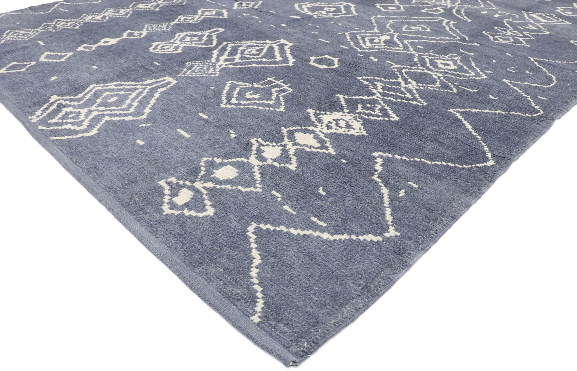 53448, new contemporary Moroccan style rug with Tribal design. With its tribal style, incredible detail and texture, this hand knotted wool contemporary Moroccan rug is a captivating vision of woven beauty and a joy to walk upon. The abrashed dark