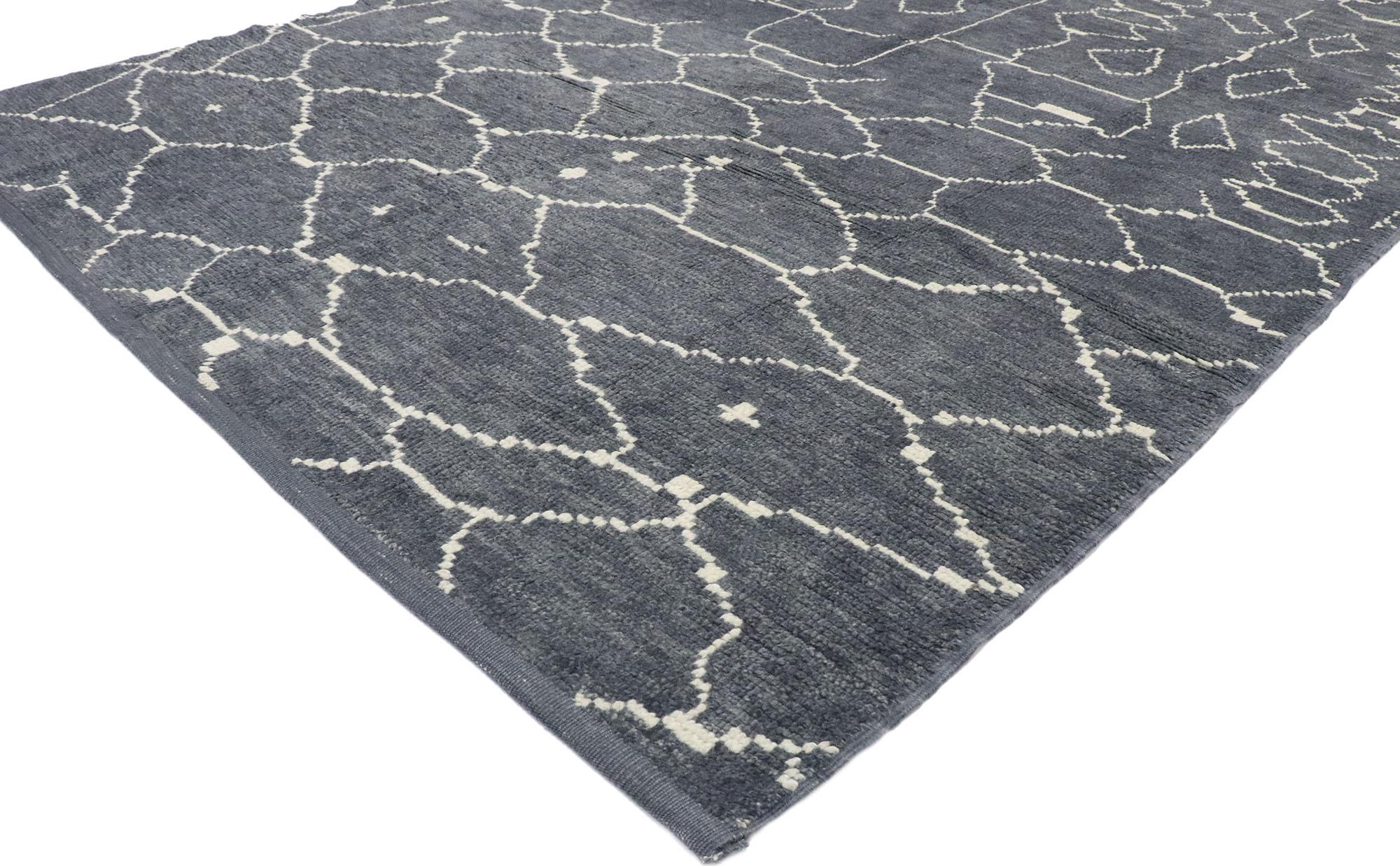 53443, new contemporary Moroccan style rug with Tribal design. With its modern tribal style, incredible detail and texture, this hand knotted wool contemporary Moroccan rug is a captivating vision of woven beauty and a joy to walk upon. The abrashed