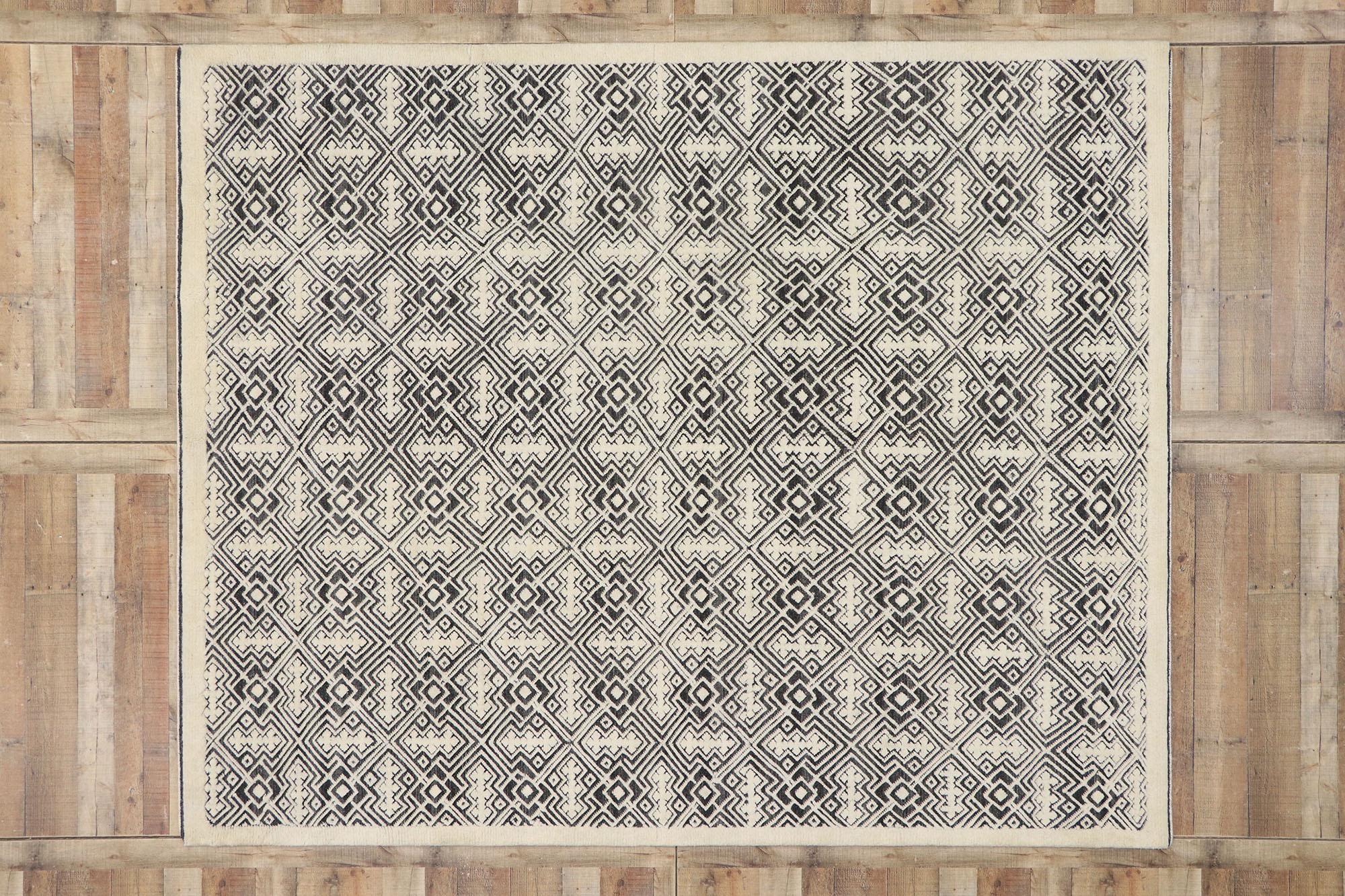 30614, new contemporary Moroccan Style Souf rug with raised design and modern style. This hand knotted wool new contemporary Moroccan Style Souf rug features a rectilinear pattern composed of interlocking geometric shapes overlaid upon a charcoal