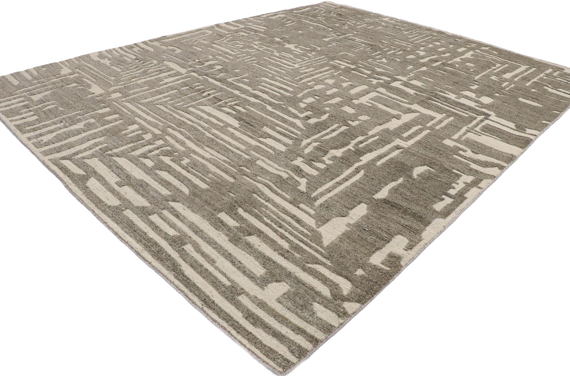 30556, New contemporary Moroccan style Souf rug with raised linear design. This hand knotted wool new contemporary Moroccan Souf Rug features a rectilinear pattern composed of intersecting lines overlaid upon a gray field. With a strong sense of