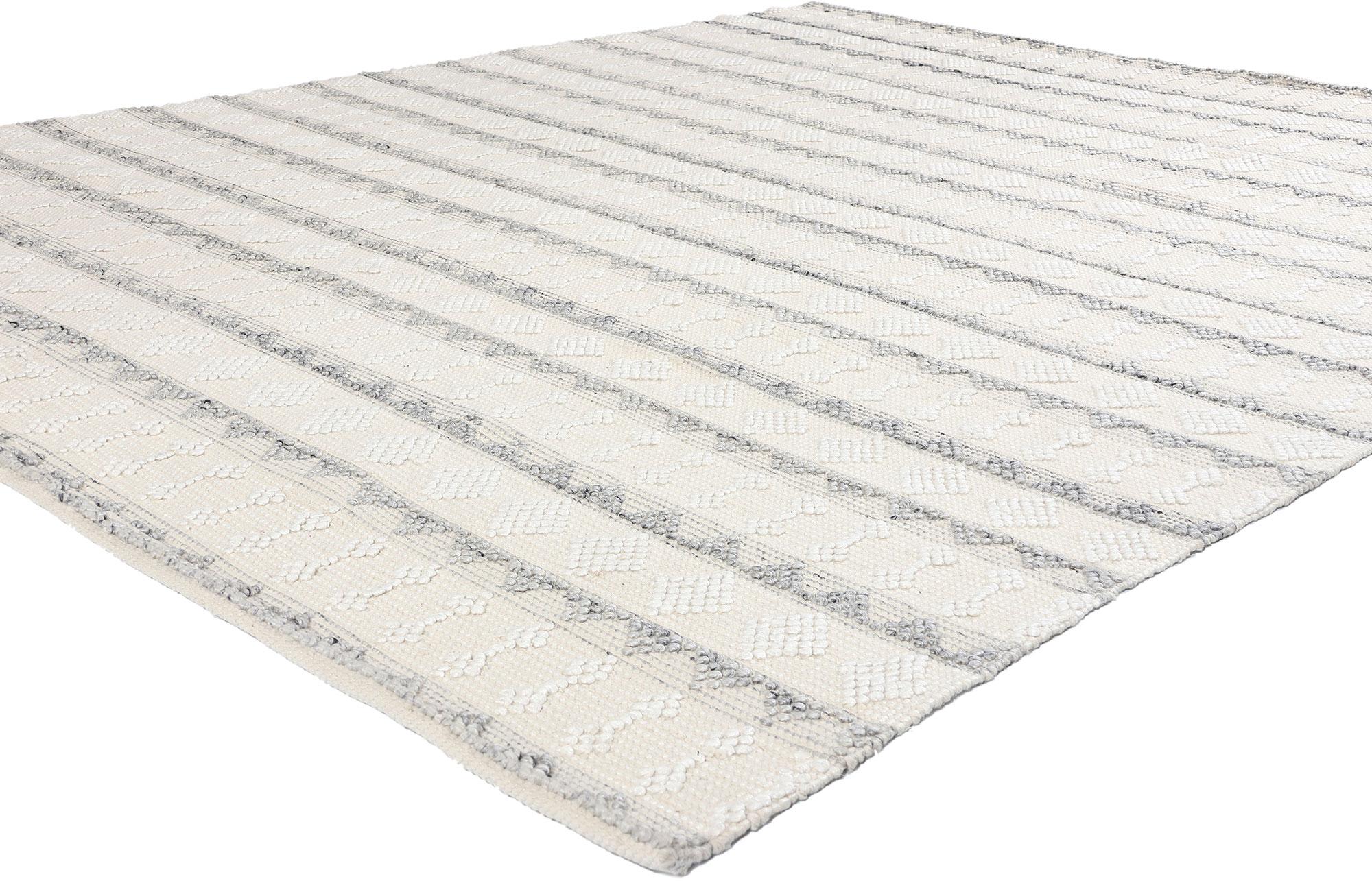 31035 Moroccan Textured High-Low Kilim Rug, 08'00 x 10'00. Immerse yourself in the understated elegance of Organic Modern style with this exquisite handwoven Moroccan high-low rug. The intricate design features alternating rows of geometric motifs,
