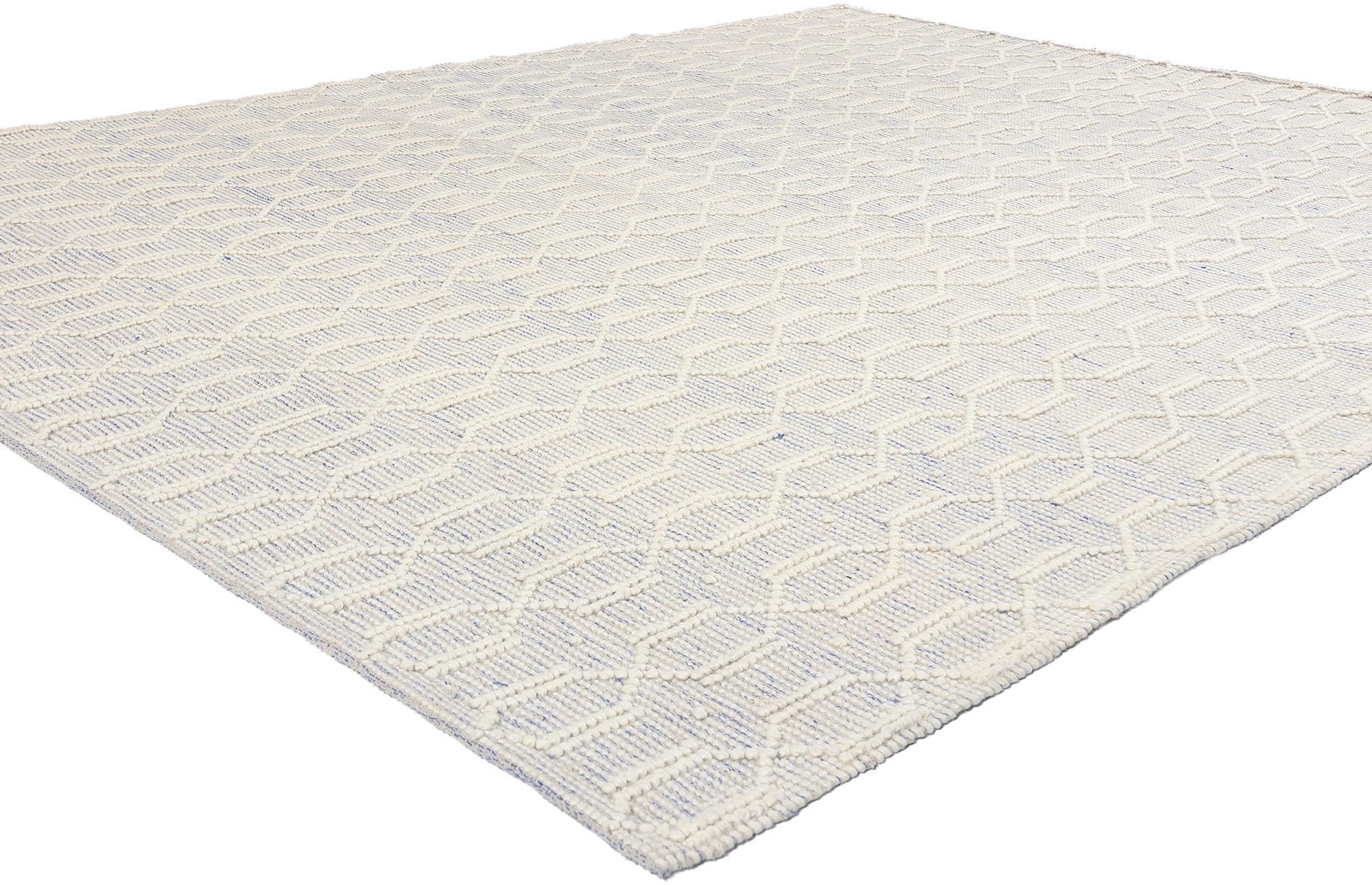 31036 Moroccan Textured High-Low Kilim Rug, 08'00 x 09'10. Step into the serene ambiance of coastal living with this handwoven Moroccan high-low rug, an epitome of Coastal Organic Modern style. This exquisite piece features a delicate interplay of