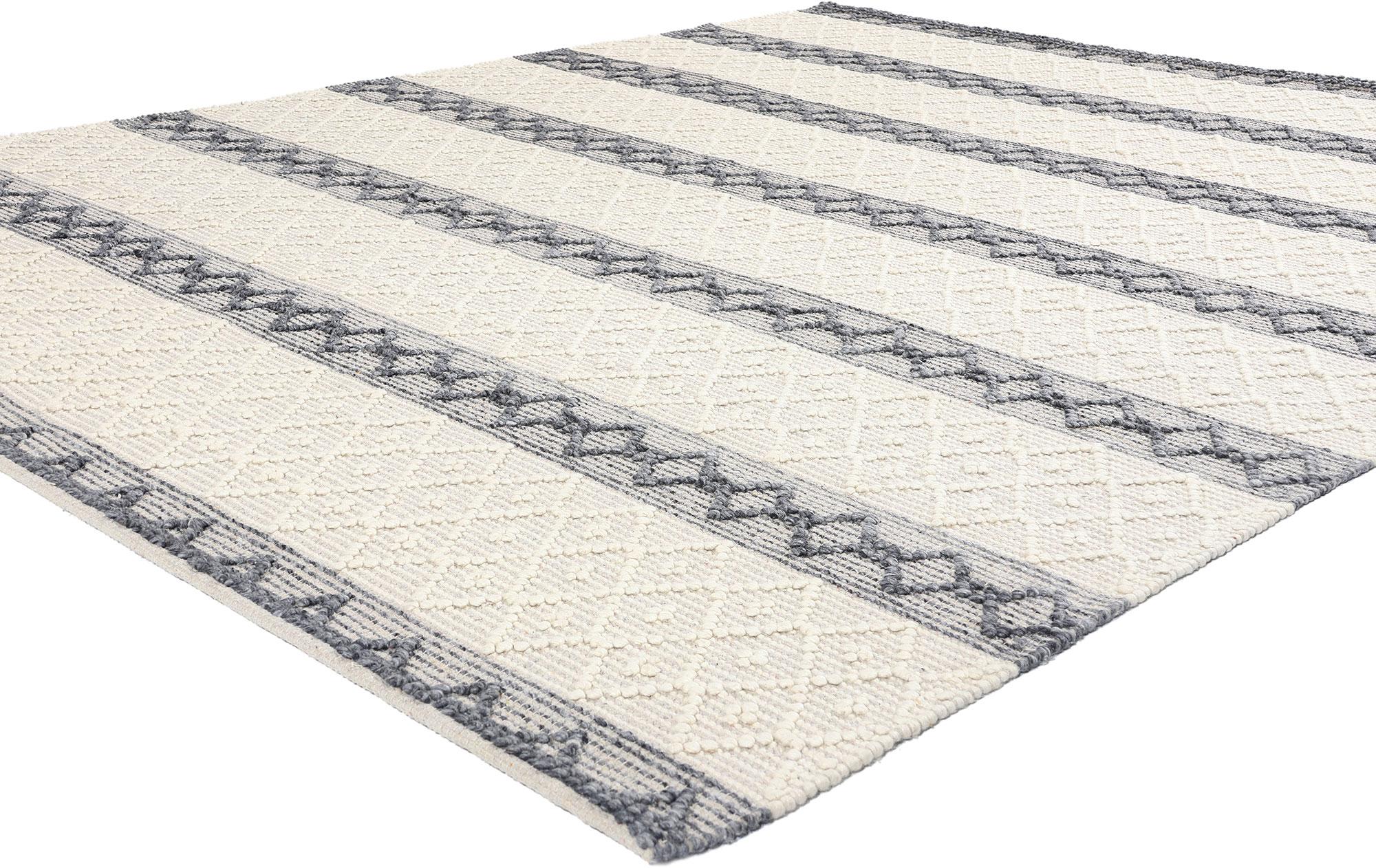 31024 Moroccan Textured High-Low Kilim Rug, 08'01 x 09'08. Introducing a handwoven Moroccan high-low textured rug that captures the essence of timeless elegance and contemporary design. This exquisite high-low rug features a sophisticated interplay