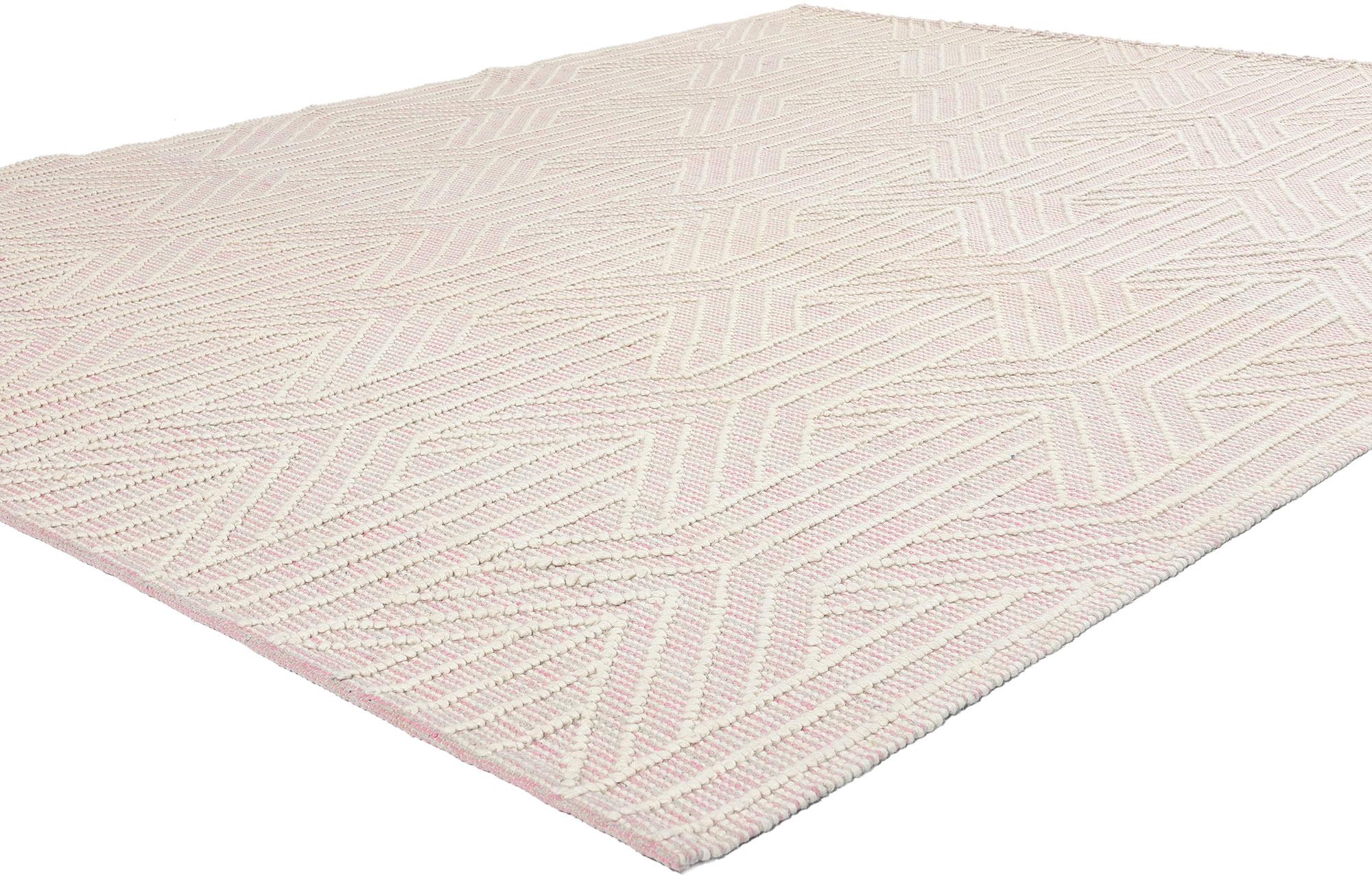 31027 Moroccan Pink Textured High-Low Kilim Rug, 08'00 x 09'11.
Immerse yourself in the subtle elegance of this exquisite handwoven Moroccan high-low textured rug, a testament to fine craftsmanship and artistic design. The composition features a