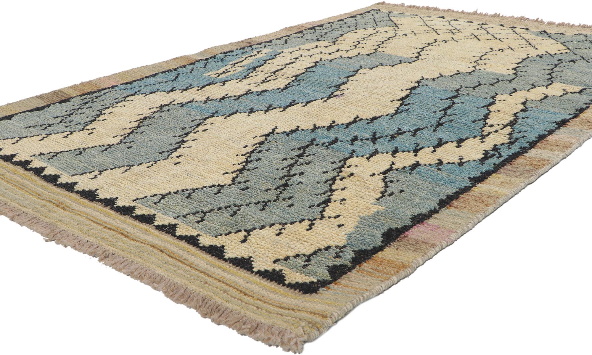 80716 New Contemporary Moroccan textured rug 04'02 x 06'07. Showcasing an expressive design, incredible detail and texture, this hand knotted wool Moroccan rug is a captivating vision of woven beauty. The eye-catching chevron pattern and colors