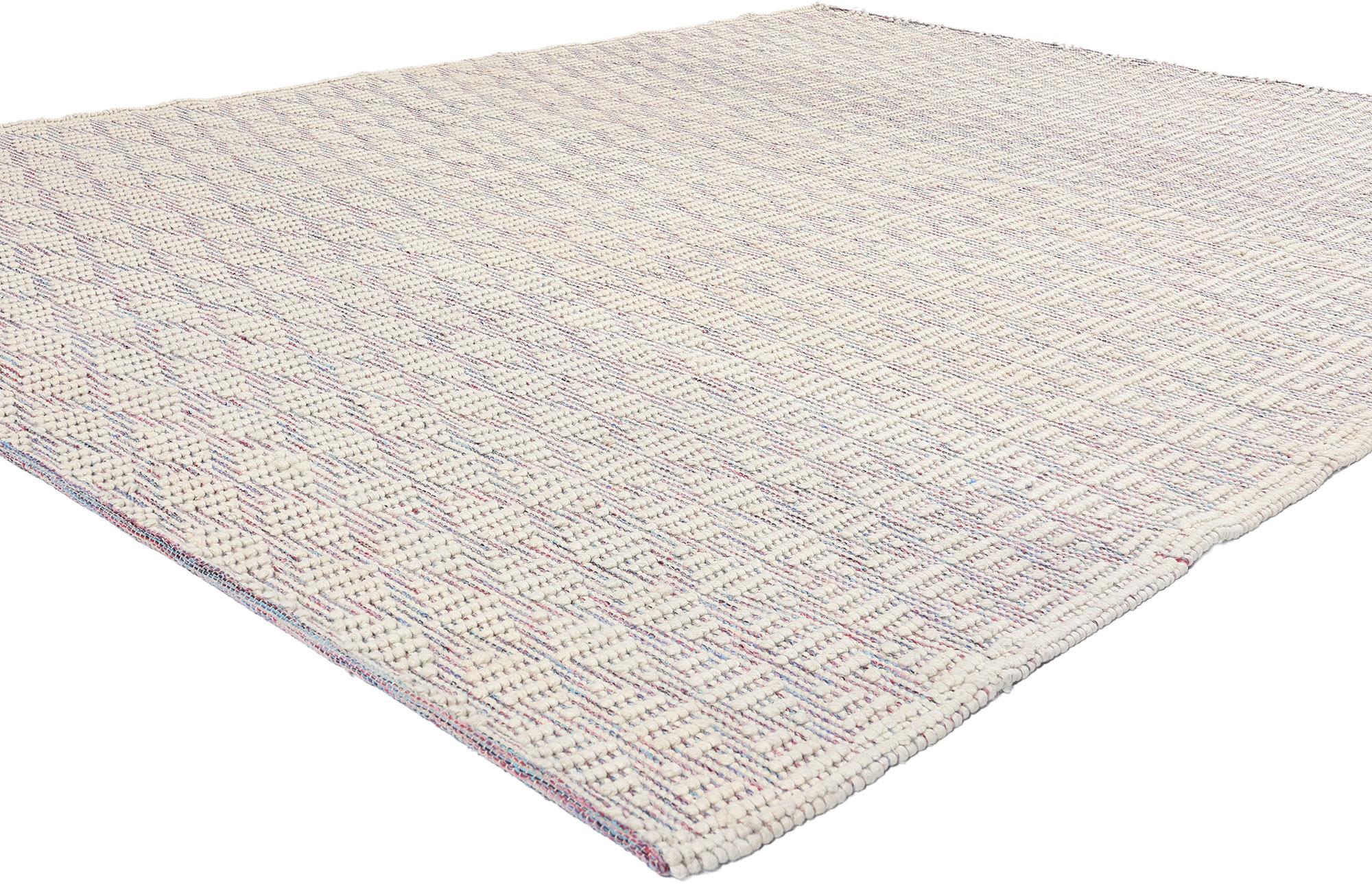 31023 Moroccan Textured High-Low Kilim Rug, 08'02 x 10'11. Step into the world of intricate design with this handwoven Moroccan textured high-low rug. The composition features a mesmerizing pattern of interlocking geometric shapes that form an