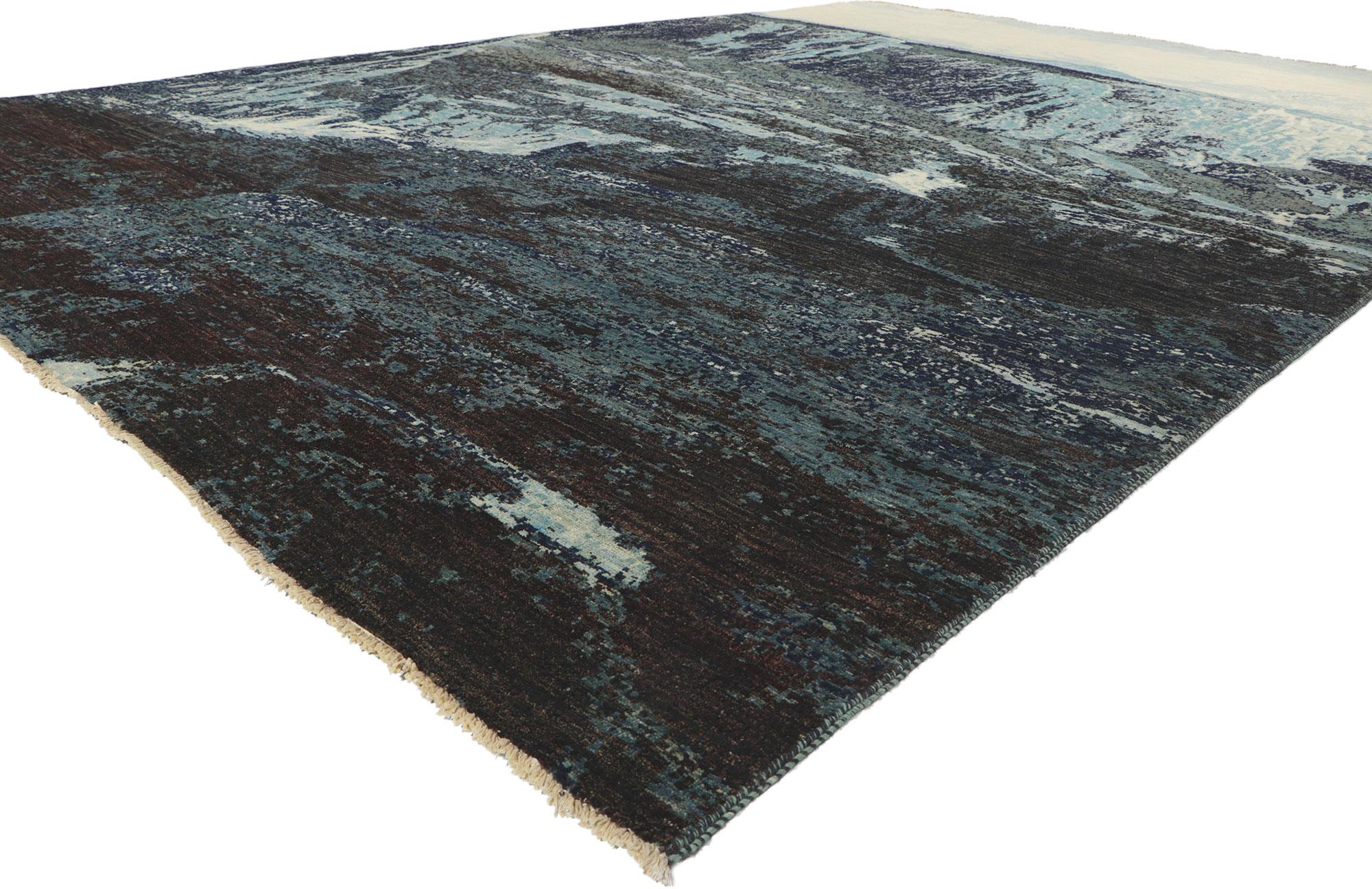 80752 New Contemporary Mountain Landscape Rug Inspired by Liu Haisu 09'11 x 14'02. Depicting scenery of Chinese mountain landscapes with a modern twist, this hand-knotted wool contemporary pictorial rug is a captivating vision of woven beauty. The