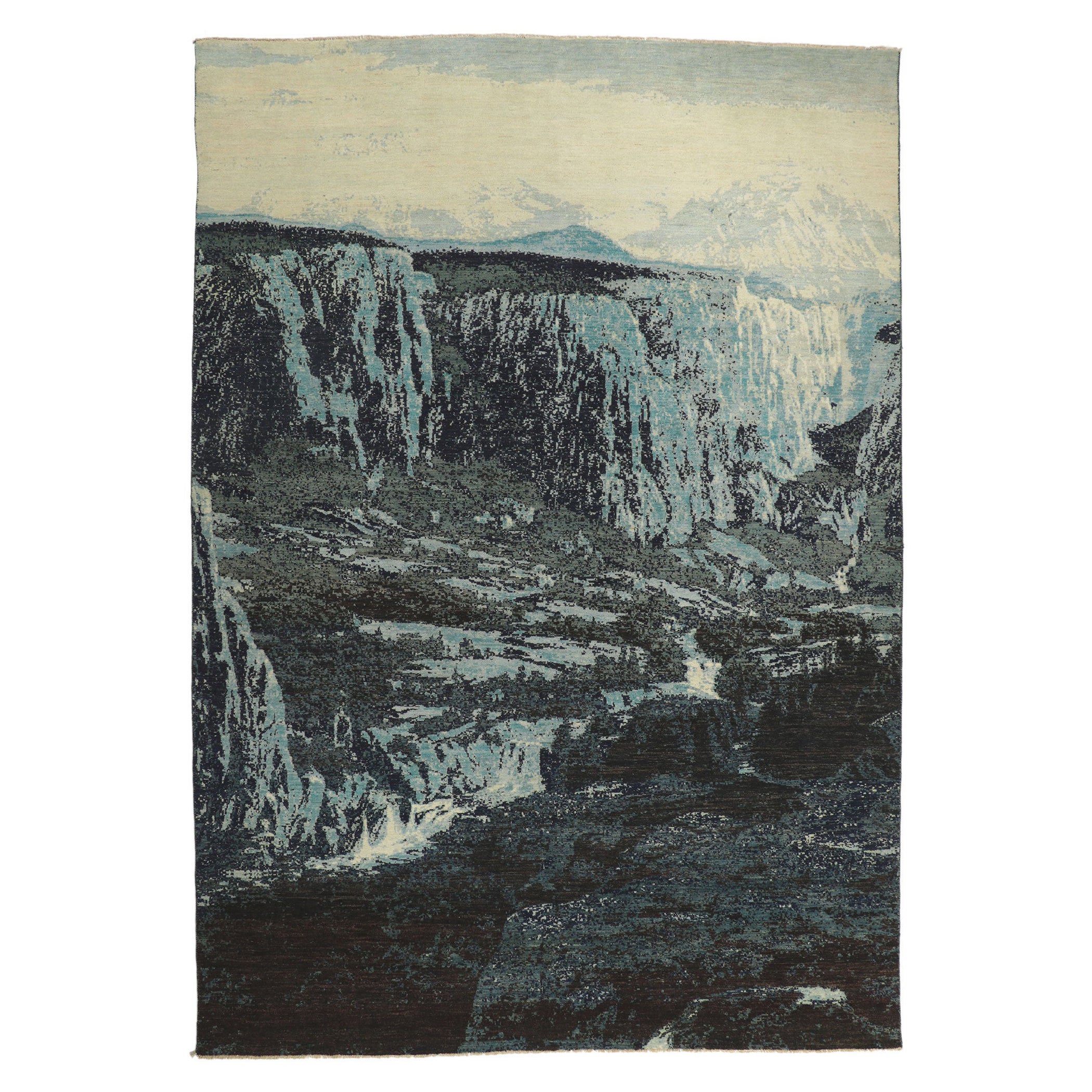 Zeitgenössischer malerischer Teppich mit Berglandschaft, inspiriert von Liu Haisu im Angebot