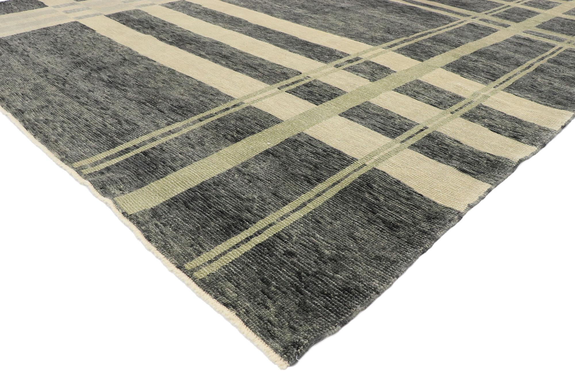 53417, new Contemporary Neutral Plaid Tartan rug with Ivy League style. Displaying a charming masculine appeal and the embodiment of ivy league style, this hand knotted wool contemporary plaid tartan rug is a captivating vision of woven beauty with