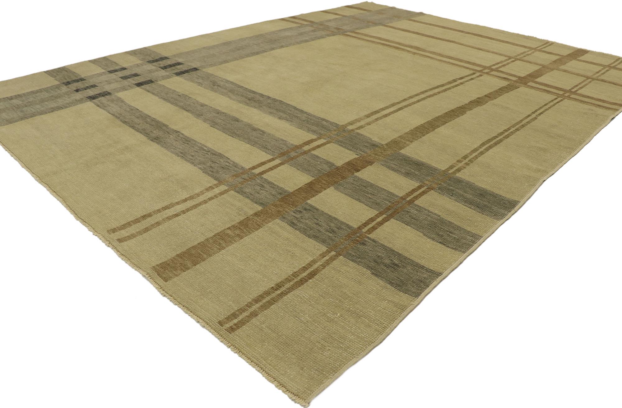 53198 New Neutral Plaid Tartan rug with ivy league style. Displaying a charming masculine appeal and the embodiment of ivy league style, this hand knotted wool contemporary plaid tartan rug is a captivating vision of woven beauty with Ralph Lauren