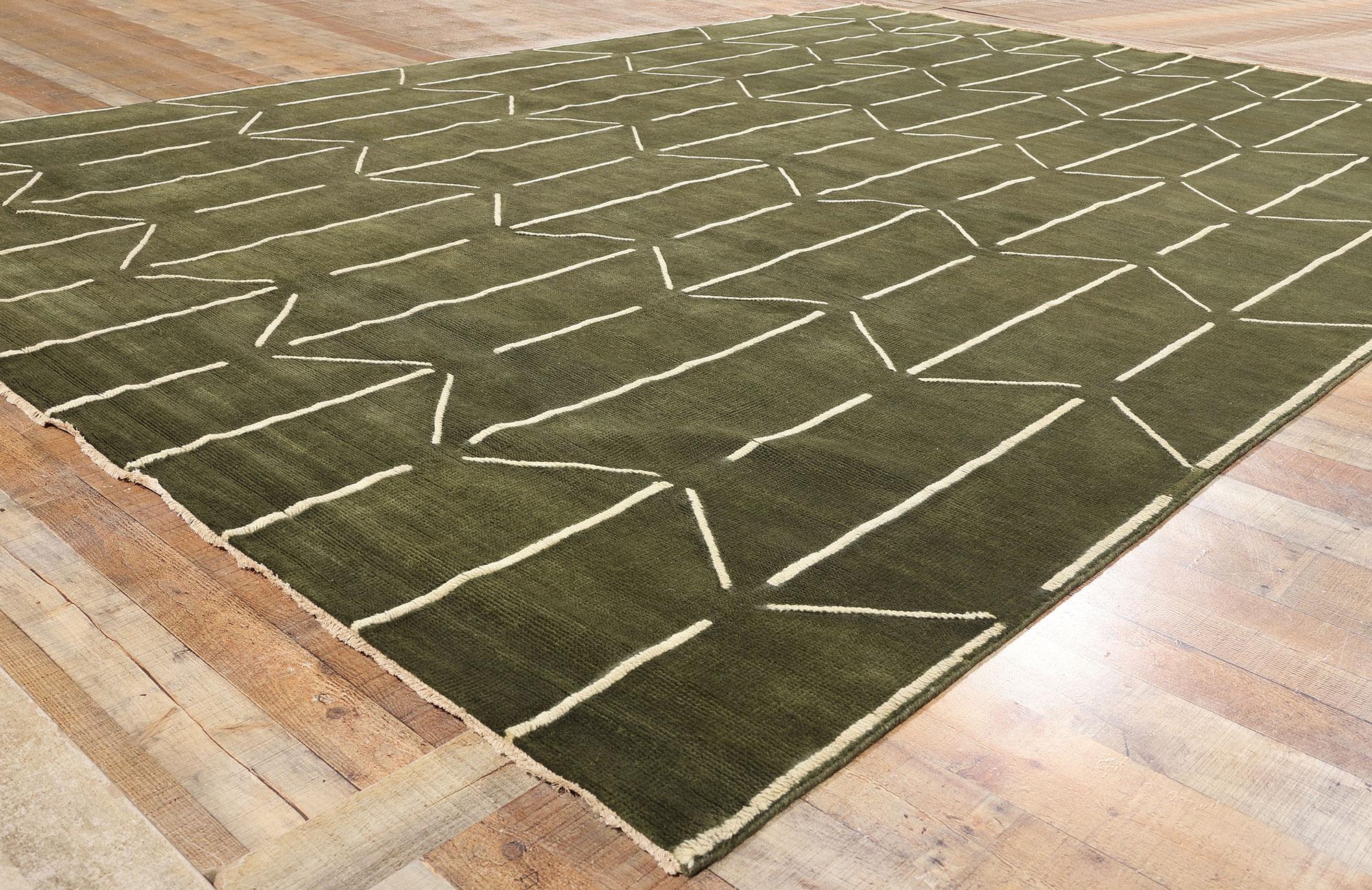 Wool New Contemporary Olive Geometric Textured Carpet with Modern Raised Design For Sale