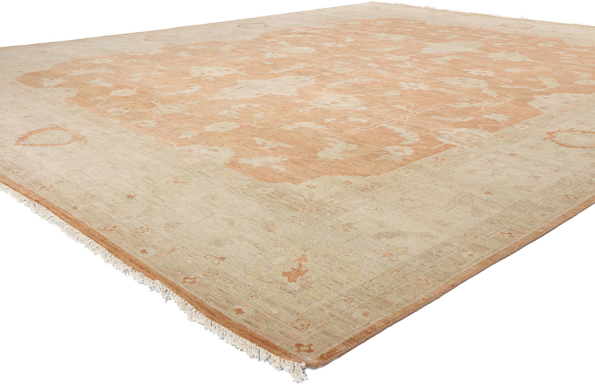 31077 Tappeto Oushak arancione moderno ispirato al vintage, 12'00 x 14'10. I tappeti Oushak indiani moderni sono tappeti contemporanei annodati a mano realizzati in India e ispirati ai disegni tradizionali dell'Anatolia. Questi tappeti indiani