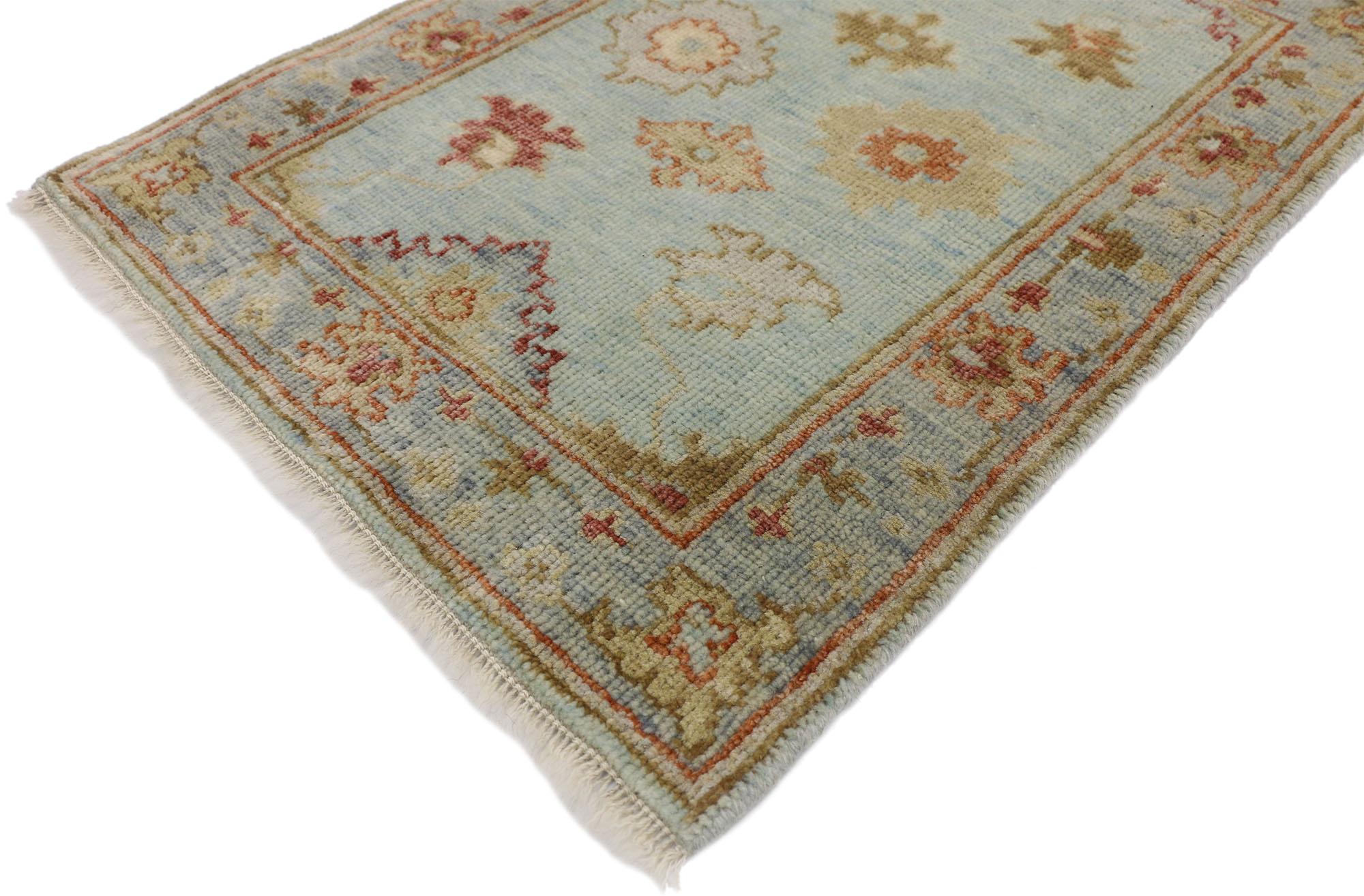 30496, new contemporary Oushak Indian rug with Eclectic Coastal Boho style. This hand knotted wool contemporary Oushak accent rug features an all-over colorful geometric pattern composed of Harshang-style motifs, blooming palmettes, and organic