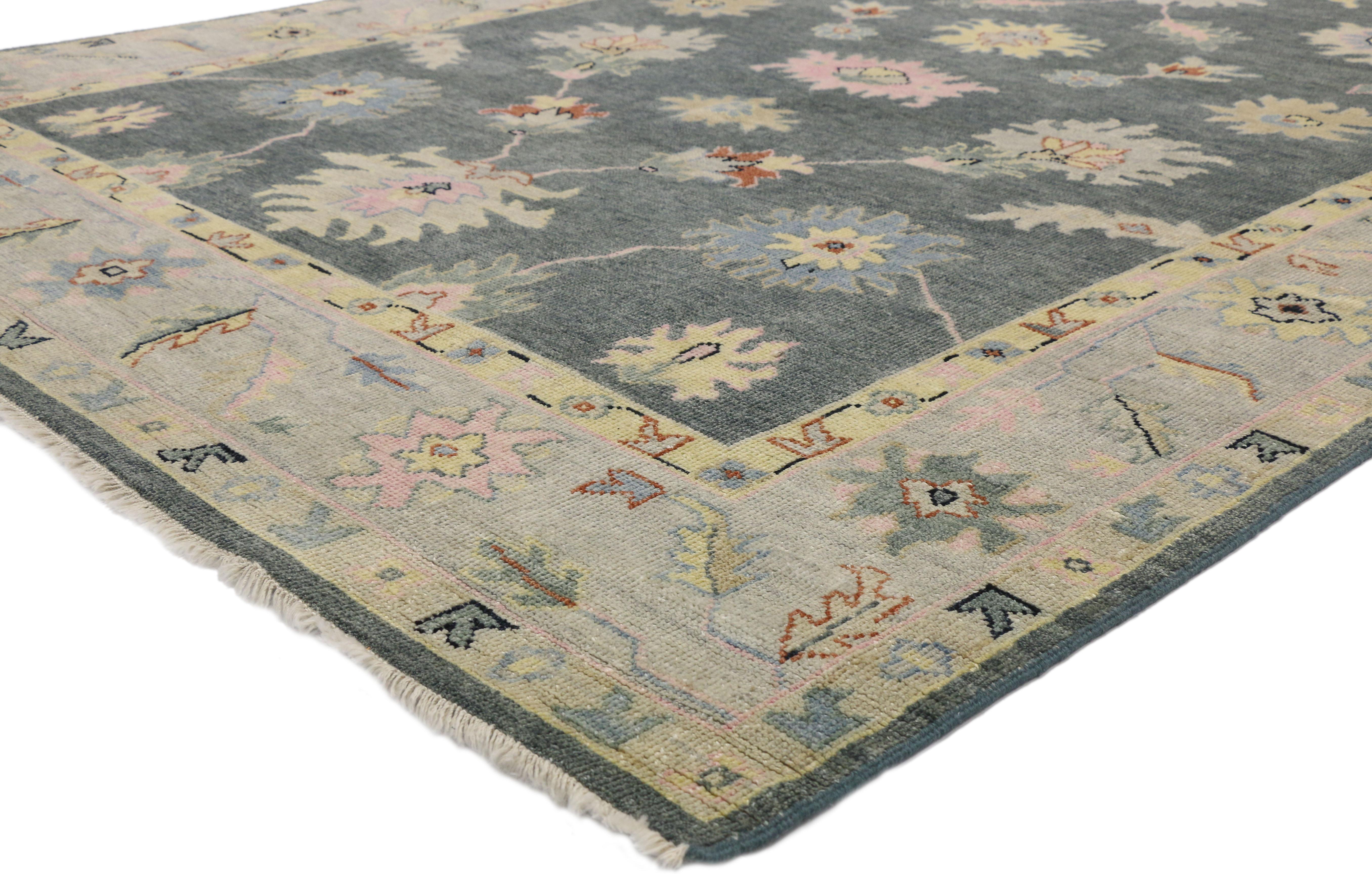 30503 new contemporary Oushak Area rug with Modern glam style and pastel colors. This hand knotted wool contemporary Oushak area rug features an all-over colorful geometric pattern composed of Harshang-style motifs, blooming palmettes, stylized