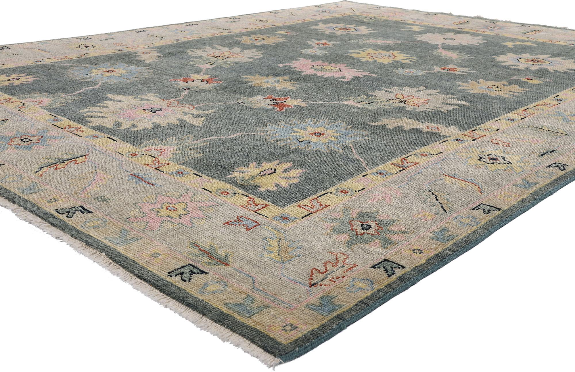 30503 New Modern Colorful Oushak Rug, 08'10 x 11'10. A vision of contemporary grandeur infused with the soul of antiquity, this hand-knotted wool Oushak rug from India is a celebration of heritage reimagined through modern artistry. With its