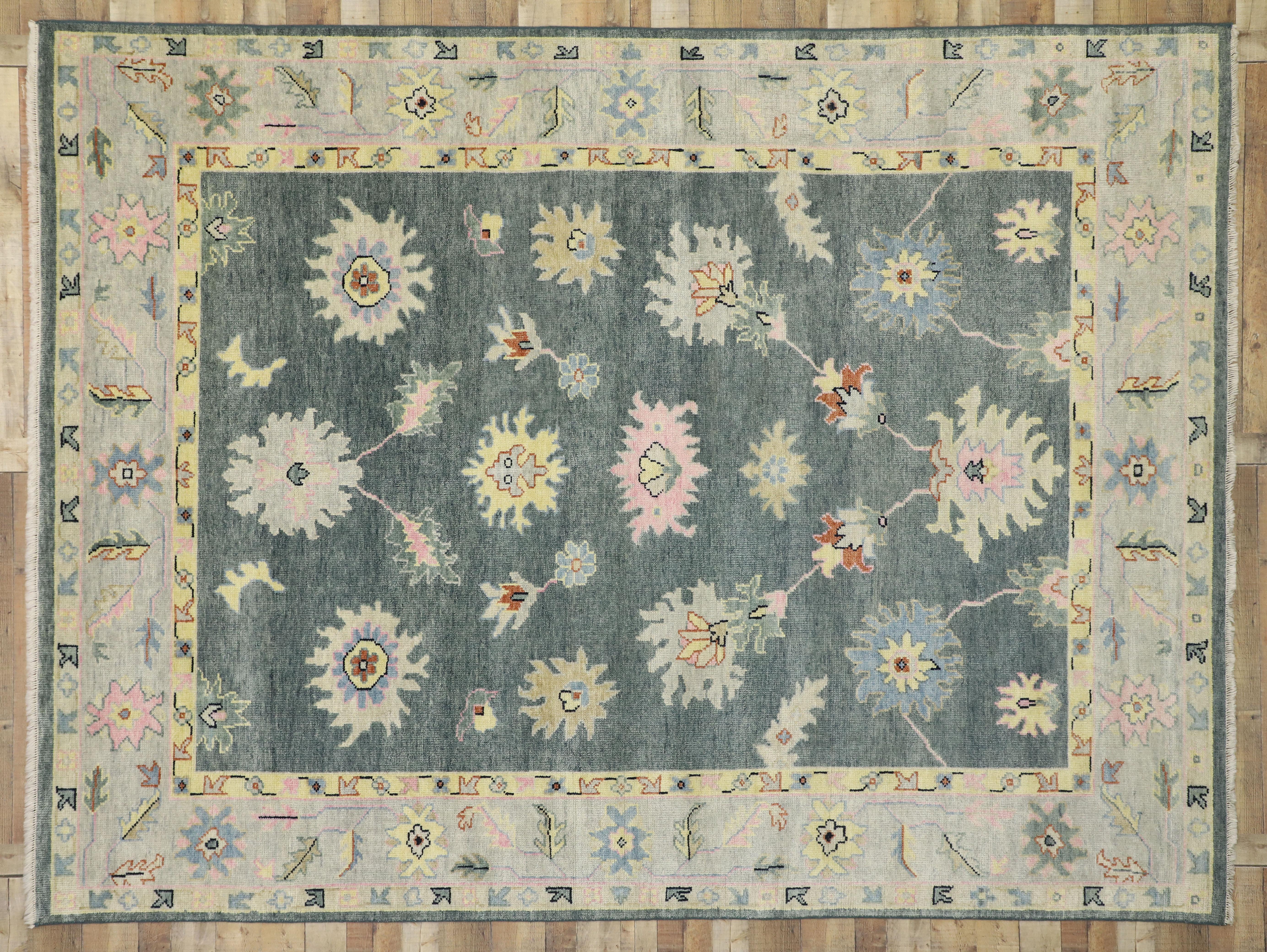 New Contemporary Oushak Area Rug with Modern Glam Style and Pastel Colors For Sale 1
