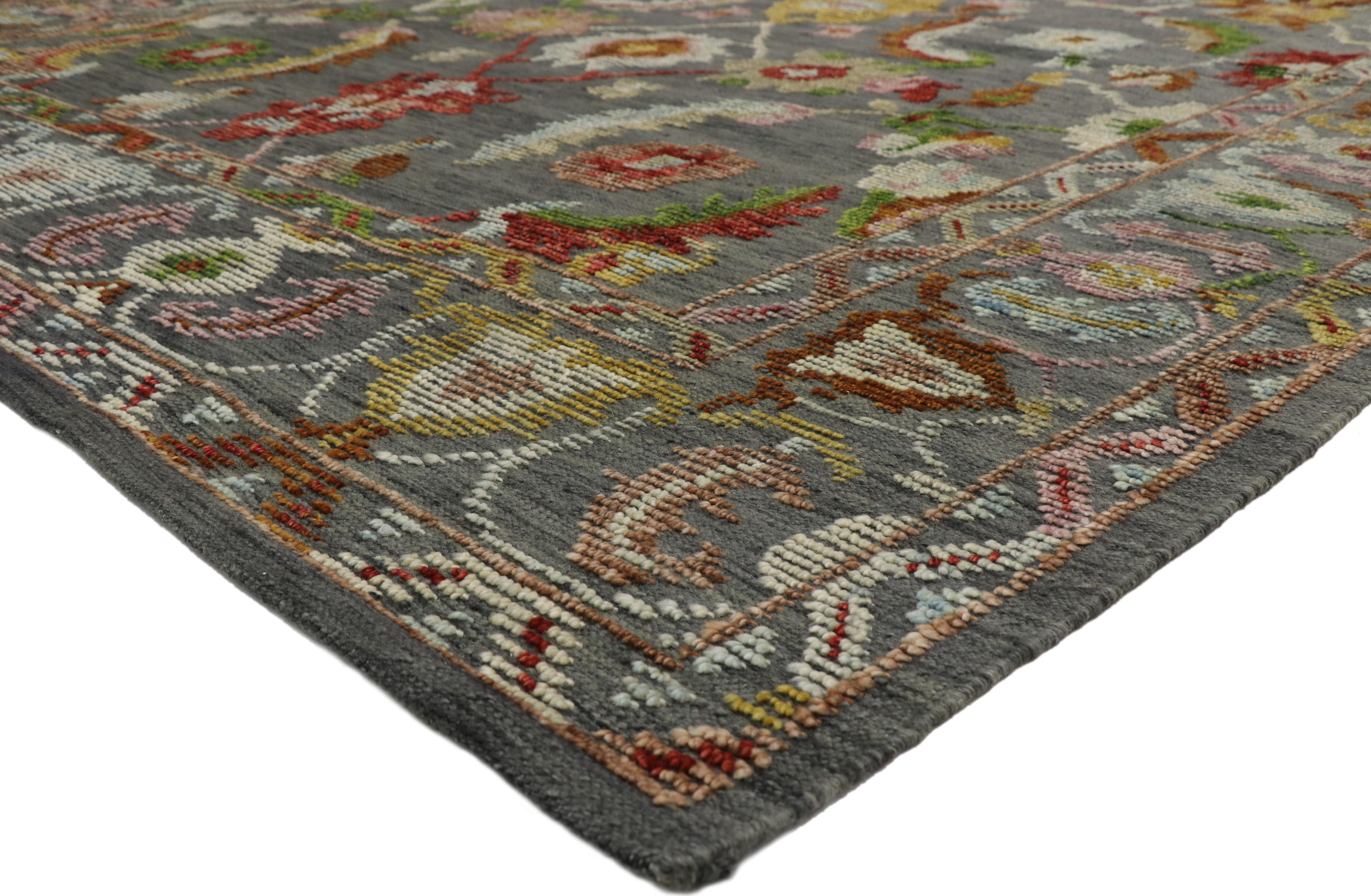 30515 new Contemporary Oushak Area rug with Modern Parisian style, Texture Area rug. Highly stylish yet tastefully casual, this new colorful Oushak style rug features an all-over raised pattern composed of Harshang-style motifs, blooming palmettes,