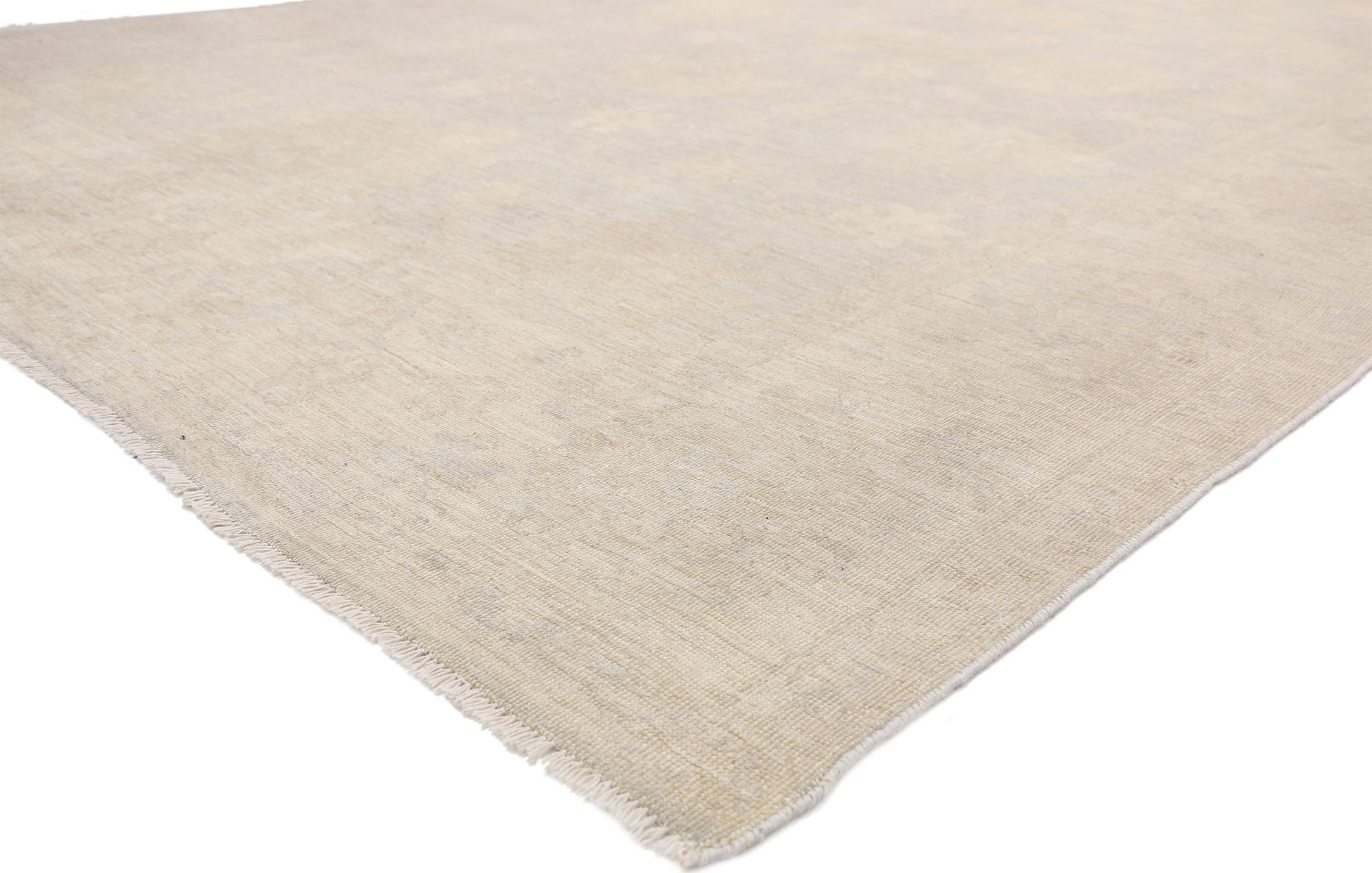 80193, new contemporary Oushak area rug with transitional beach house coastal style. Blending elements from the modern world with gracious gray hues, this hand knotted wool contemporary Turkish Oushak rug will boost the coziness factor in nearly any