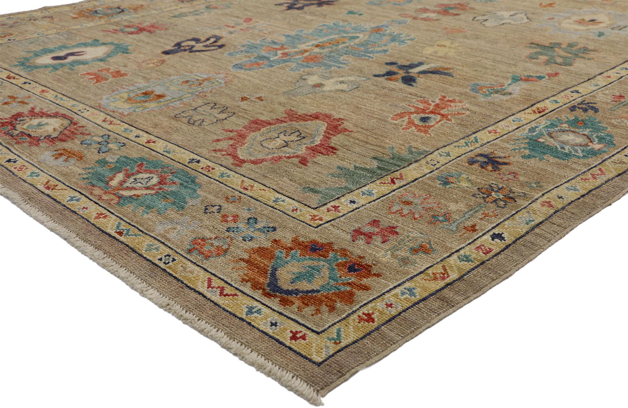 80491, new contemporary Oushak area rug with transitional style. This hand knotted wool contemporary Oushak style area rug features an all-over geometric pattern composed of Harshang-style motifs, blooming palmettes, leafy tendrils, and organic