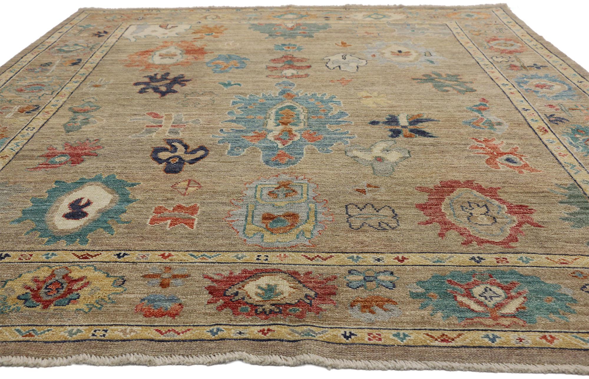 Indian New Contemporary Oushak Area Rug with Transitional Style