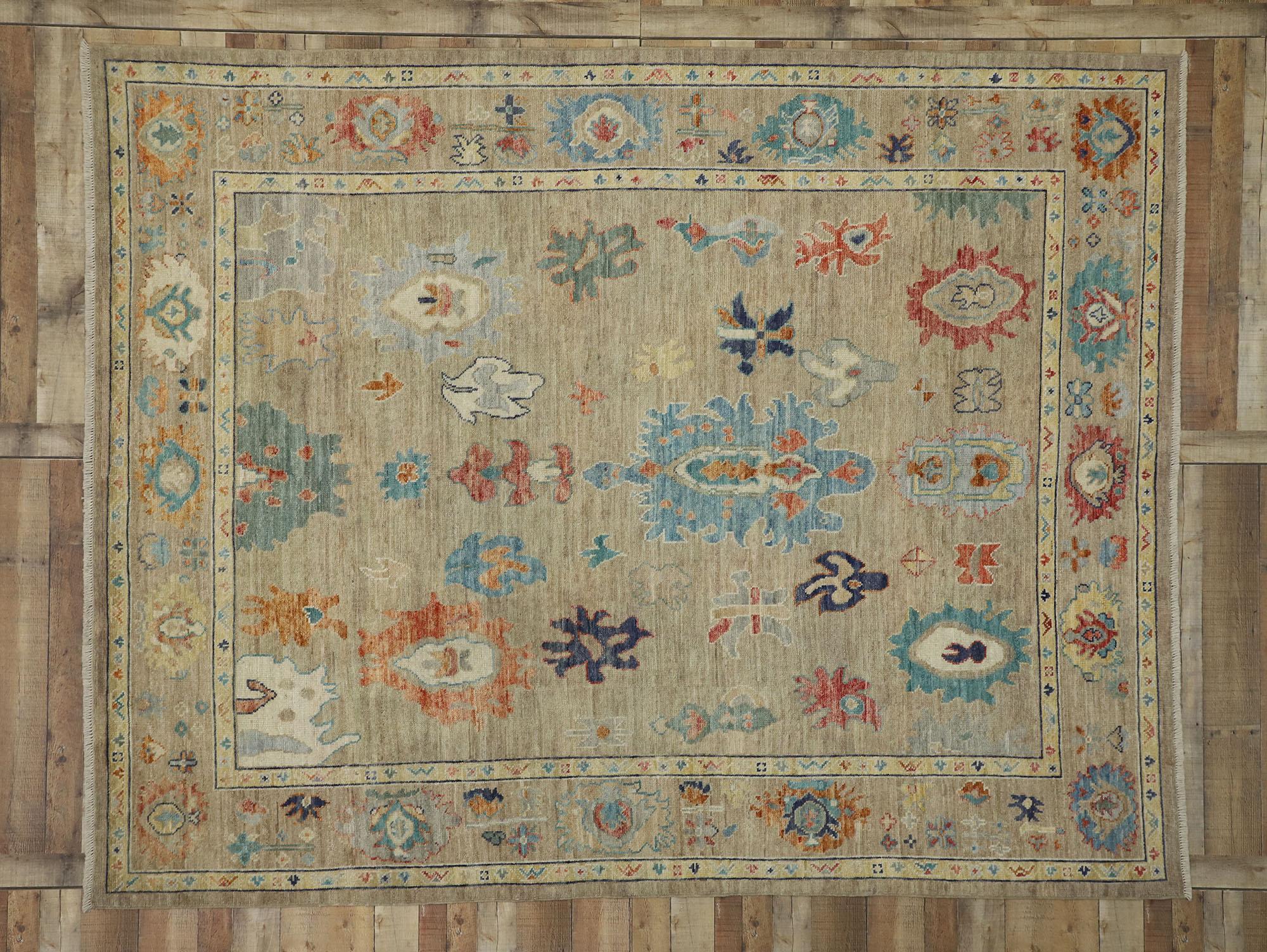 Hand-Knotted New Contemporary Oushak Area Rug with Transitional Style