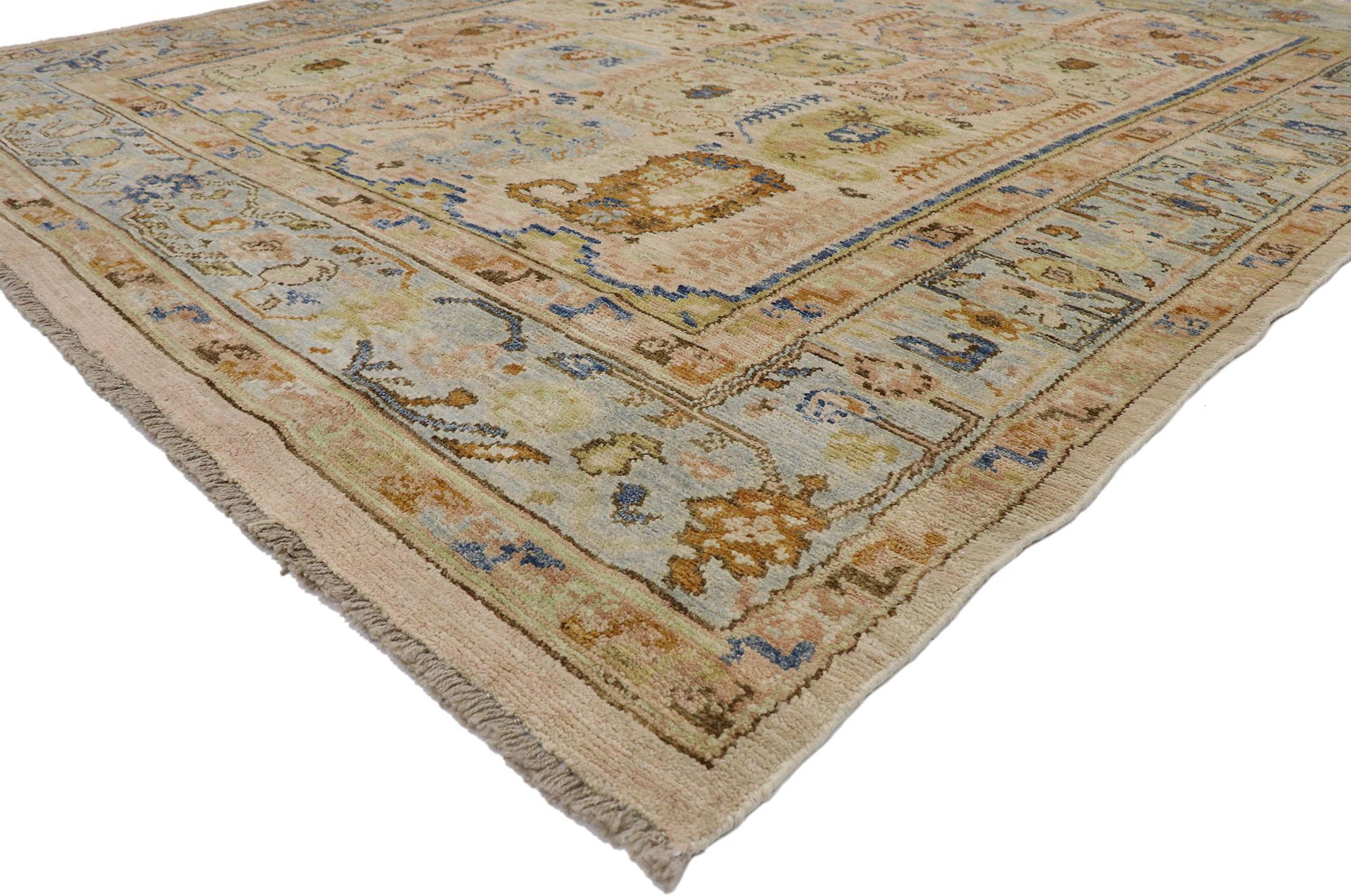 80678 new Contemporary oushak Boteh rug with Modern style 08'00 x 09'08. Give the look of woven wonders and decorative elegance with this hand-knotted wool contemporary Oushak boteh rug. The abrashed tan field displays an all-over repetitive pattern